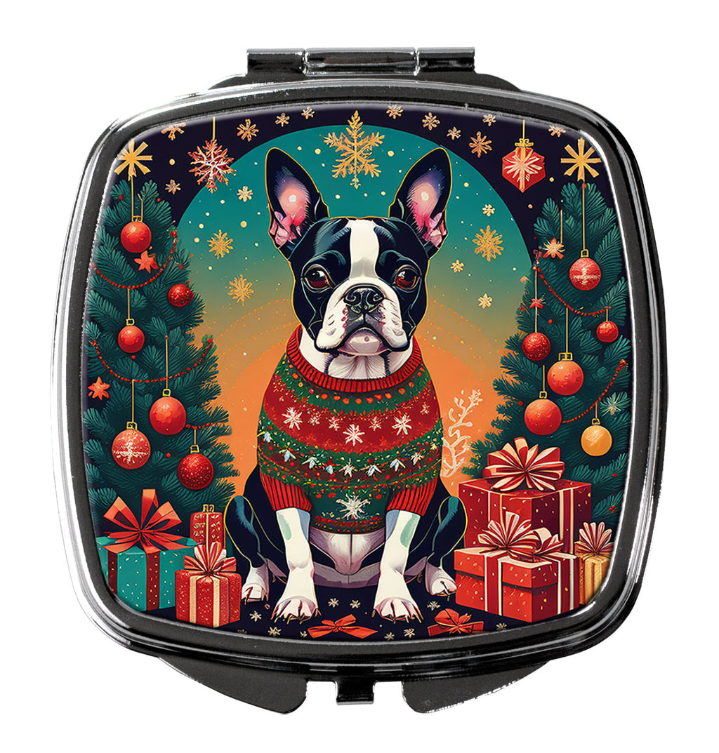 Boston Terrier Christmas Compact Mirror Decorative Travel Makeup Mirror for Women Girls Gifts Pocket Makeup Mirror Folding Handheld
