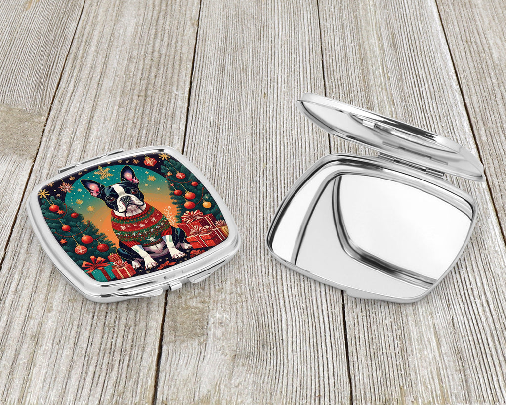 Boston Terrier Christmas Compact Mirror Decorative Travel Makeup Mirror for Women Girls Gifts Pocket Makeup Mirror Folding Handheld