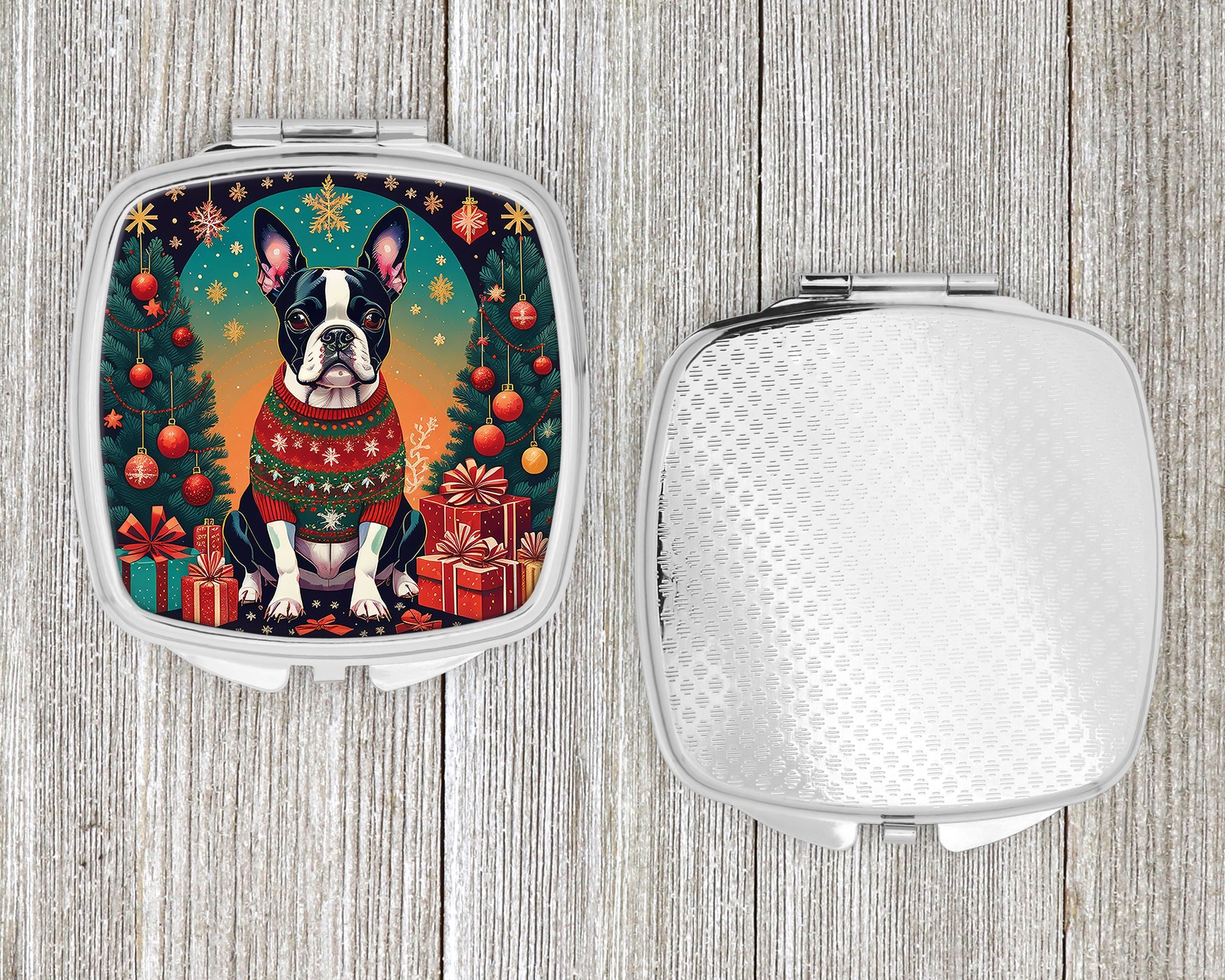 Boston Terrier Christmas Compact Mirror Decorative Travel Makeup Mirror for Women Girls Gifts Pocket Makeup Mirror Folding Handheld
