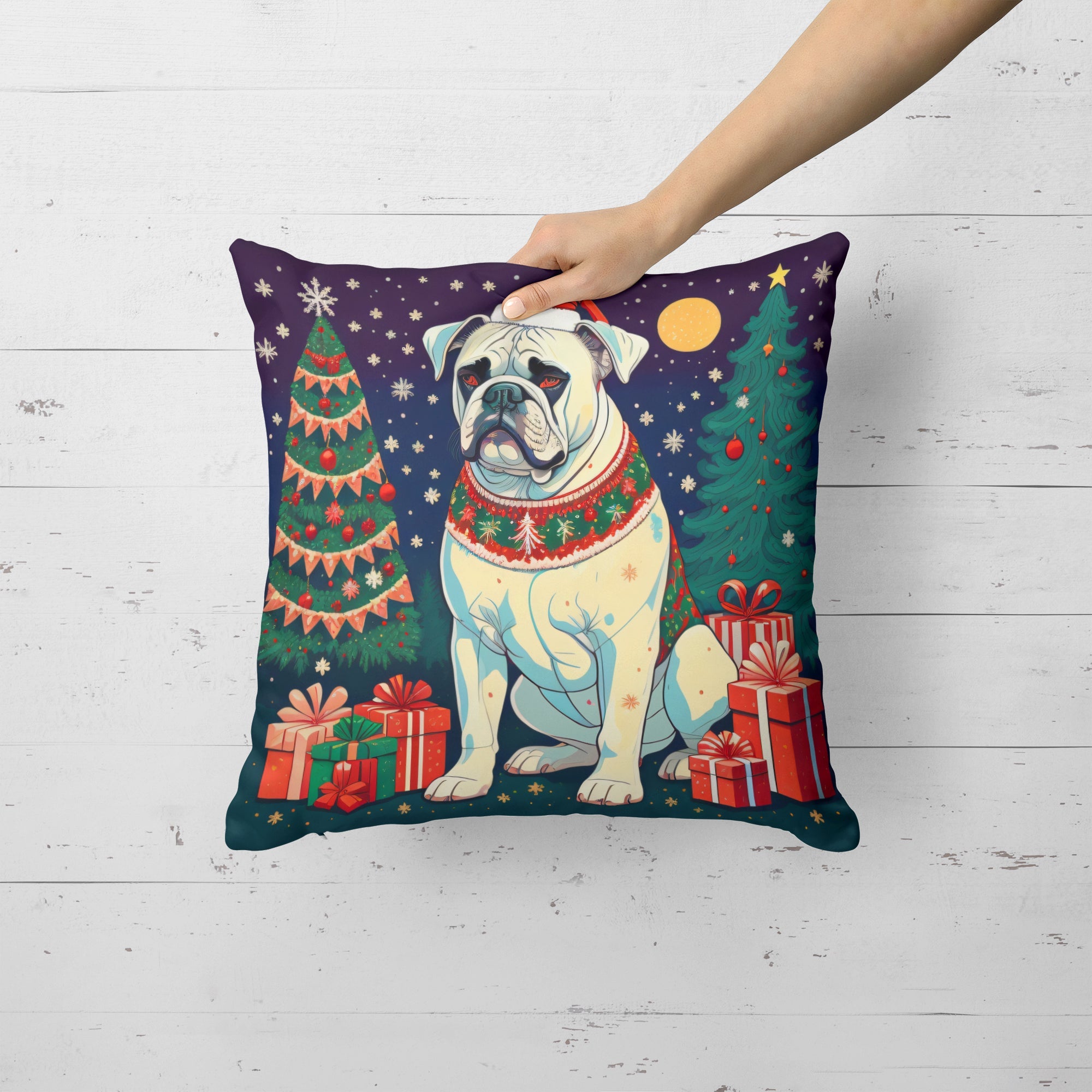 White Boxer Christmas Decorative Throw Pillow 14x14 Indoor Outdoor Accent Cushion, Fabric Cover with Insert for Sofa, Bed, Porch & Living Room