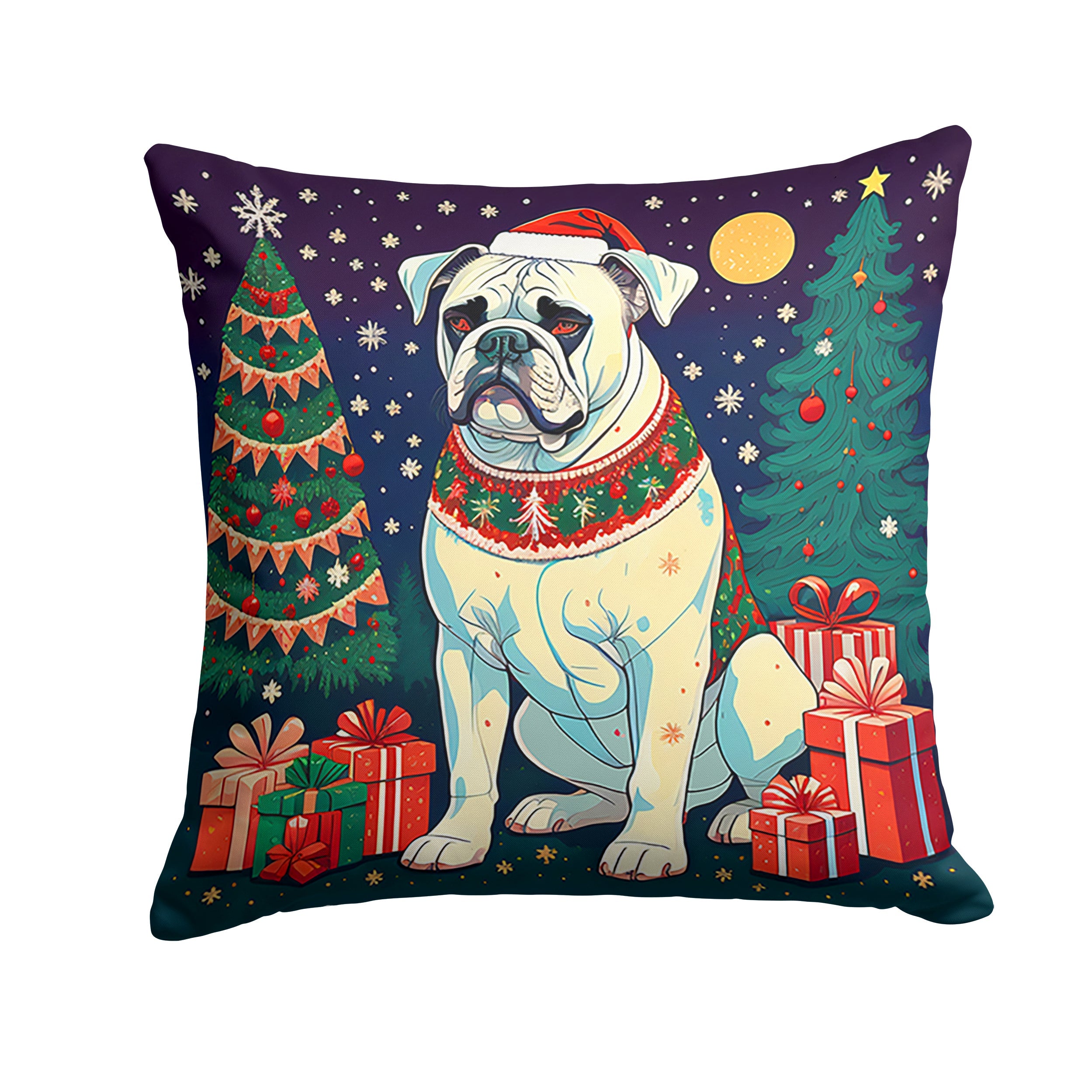 White Boxer Christmas Decorative Throw Pillow 18x18 Indoor Outdoor Accent Cushion, Fabric Cover with Insert for Sofa, Bed, Porch & Living Room