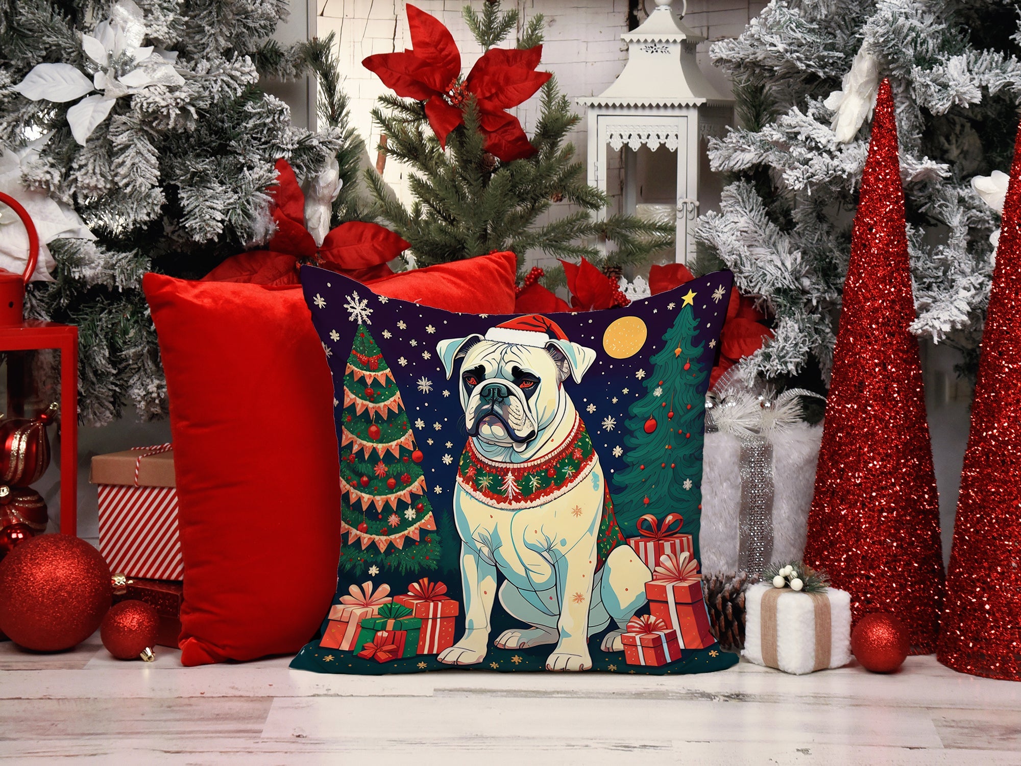 White Boxer Christmas Decorative Throw Pillow 18x18 Indoor Outdoor Accent Cushion, Fabric Cover with Insert for Sofa, Bed, Porch & Living Room