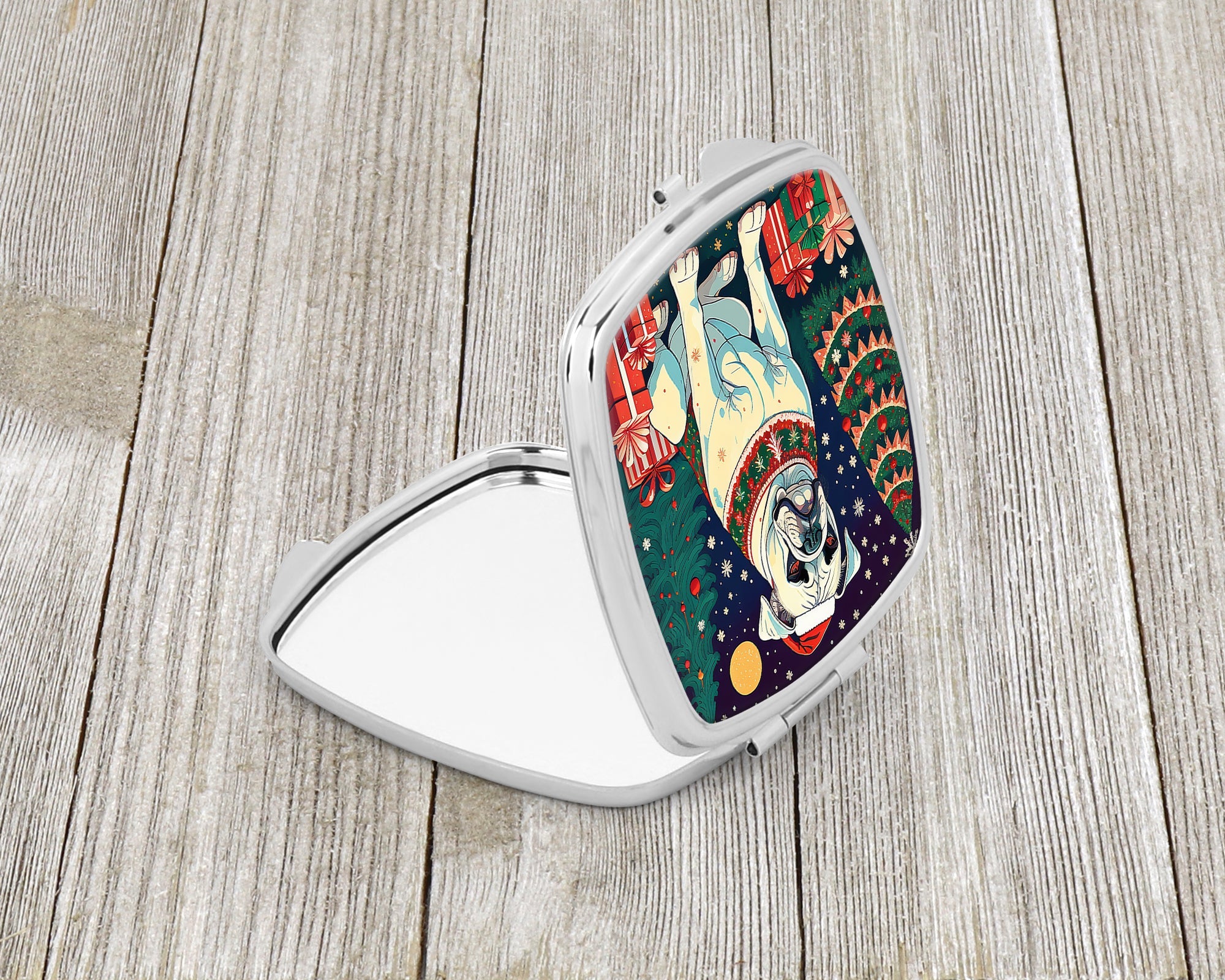 White Boxer Christmas Compact Mirror Decorative Travel Makeup Mirror for Women Girls Gifts Pocket Makeup Mirror Folding Handheld