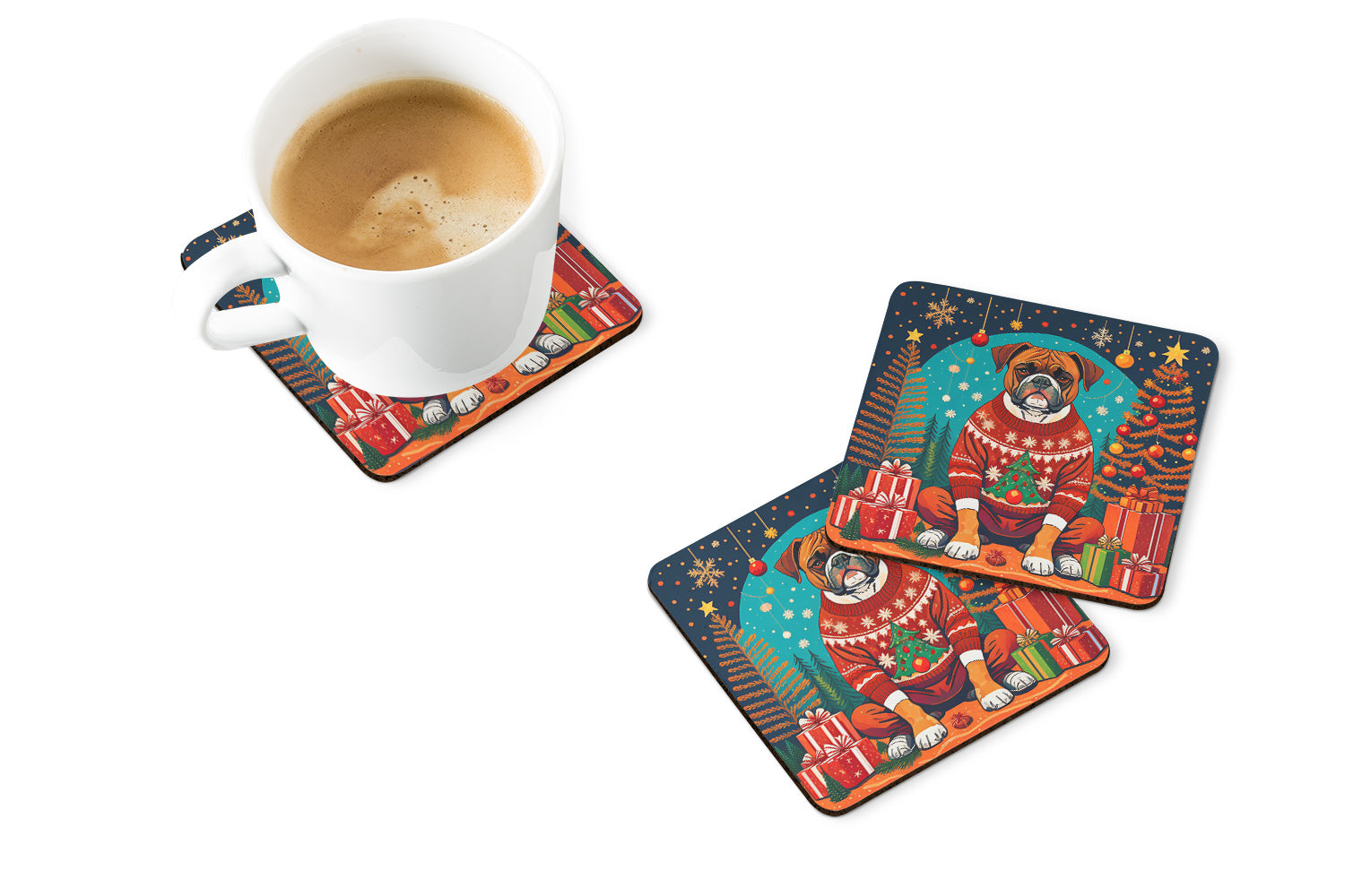 Boxer Christmas Foam Coasters Set of 4 Cup Coasters for Indoor Outdoor, Tabletop Protection, Anti Slip, Mouse pad Material