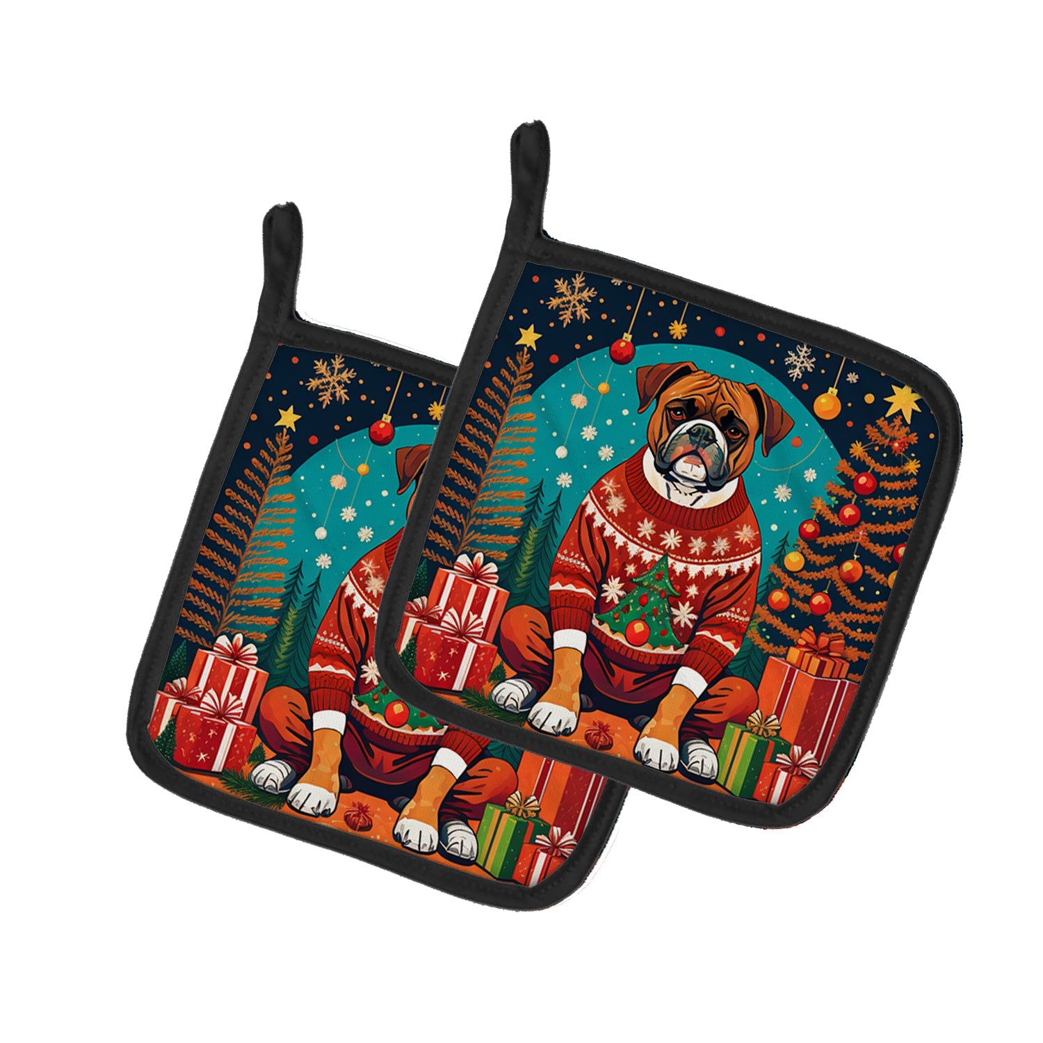 Boxer Christmas Pot Holder Set of 2 Heat Resistant Quilted Hot Pads 7.5 x 7.5 Inch, Insulated Kitchen Trivets for Cooking & Baking
