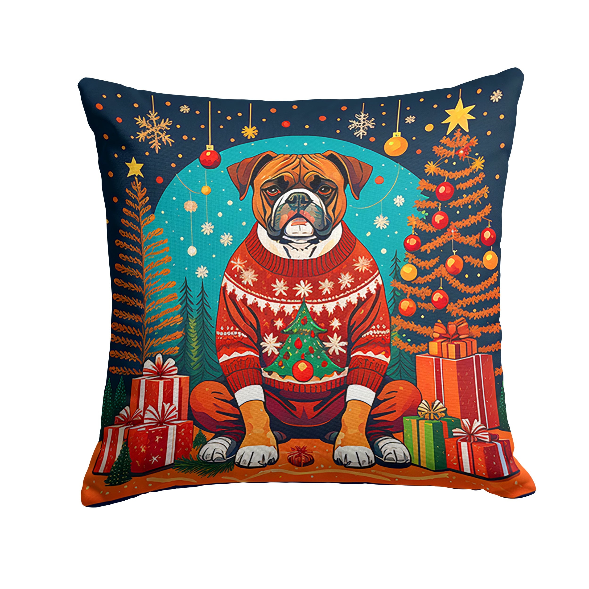 Boxer Christmas Decorative Throw Pillow 18x18 Indoor Outdoor Accent Cushion, Fabric Cover with Insert for Sofa, Bed, Porch & Living Room