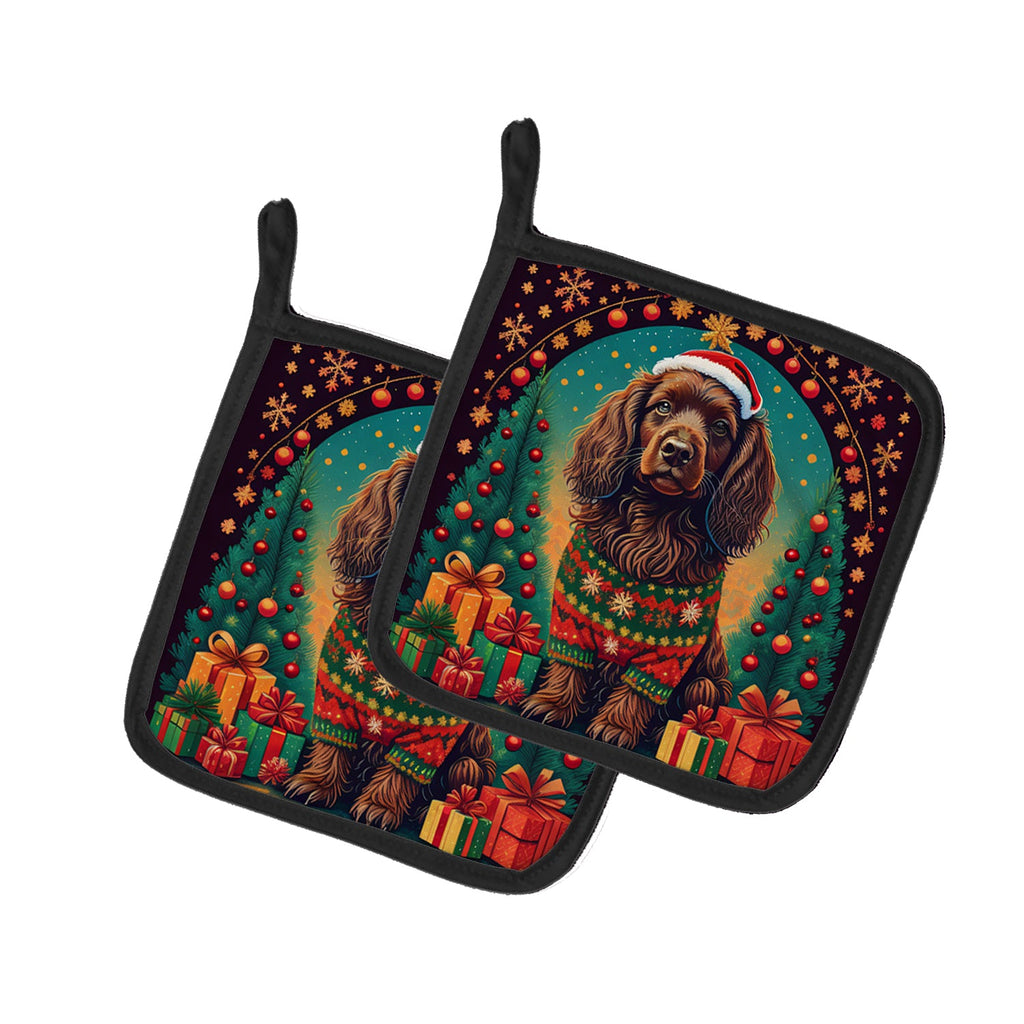 Boykin Spaniel Christmas Pot Holder Set of 2 Heat Resistant Quilted Hot Pads 7.5 x 7.5 Inch, Insulated Kitchen Trivets for Cooking & Baking