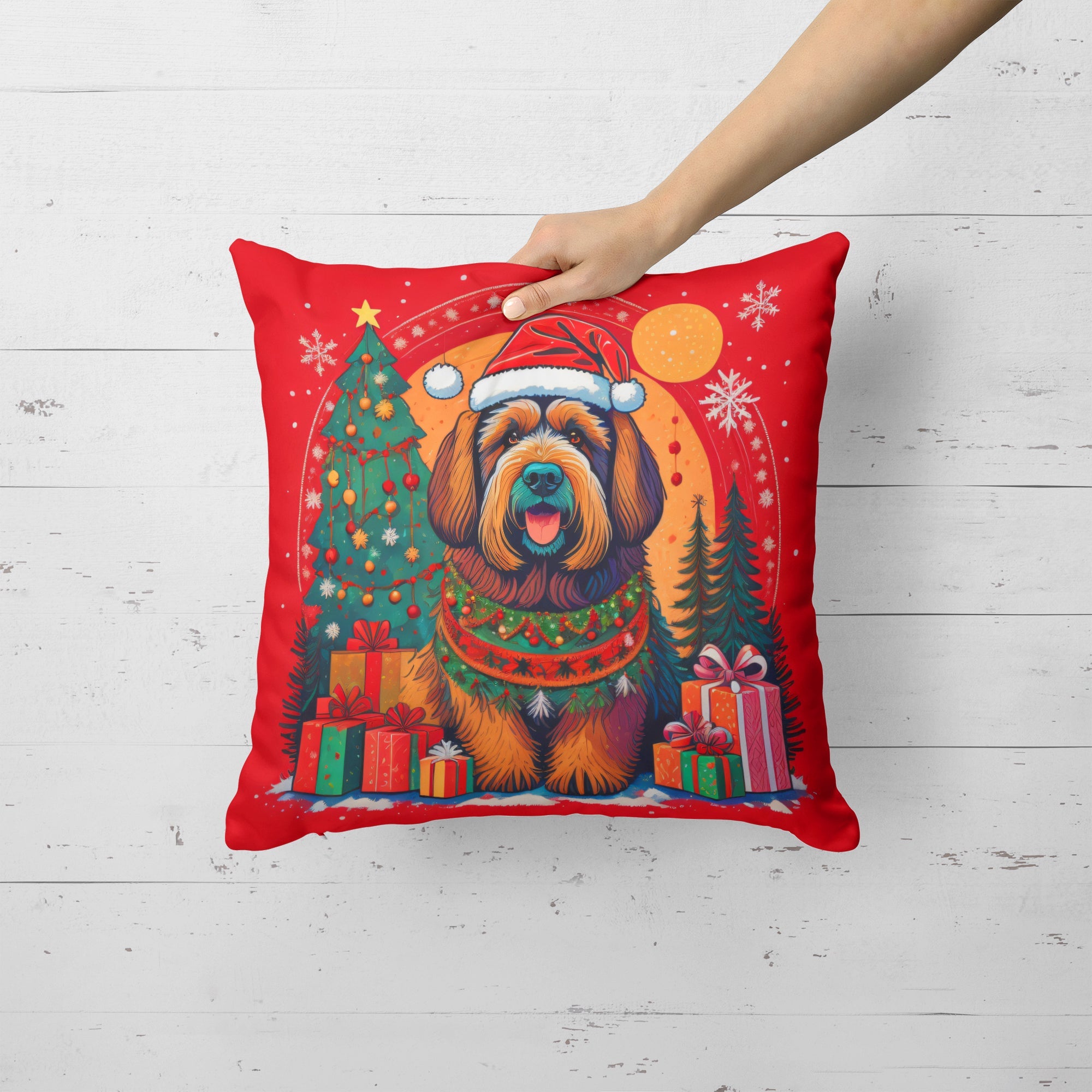 Briard Christmas Decorative Throw Pillow 14x14 Indoor Outdoor Accent Cushion, Fabric Cover with Insert for Sofa, Bed, Porch & Living Room