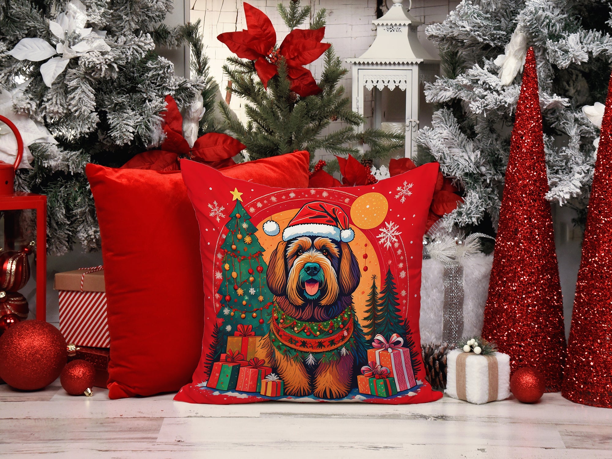 Briard Christmas Decorative Throw Pillow 18x18 Indoor Outdoor Accent Cushion, Fabric Cover with Insert for Sofa, Bed, Porch & Living Room