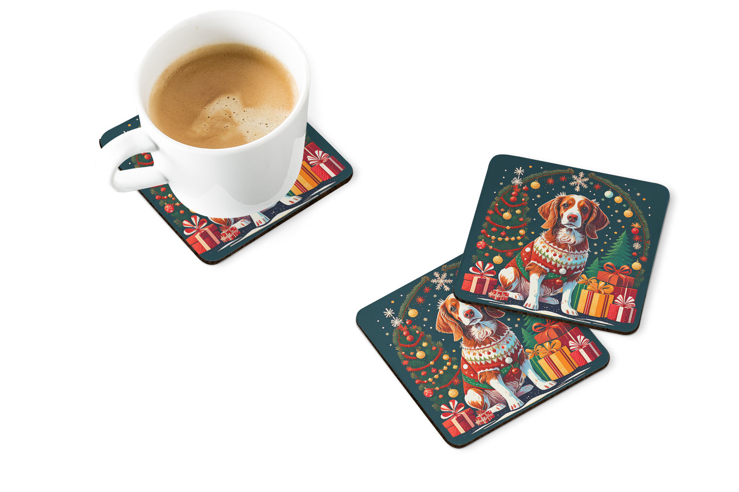 Brittany Spaniel Christmas Foam Coasters Set of 4 Cup Coasters for Indoor Outdoor, Tabletop Protection, Anti Slip, Mouse pad Material
