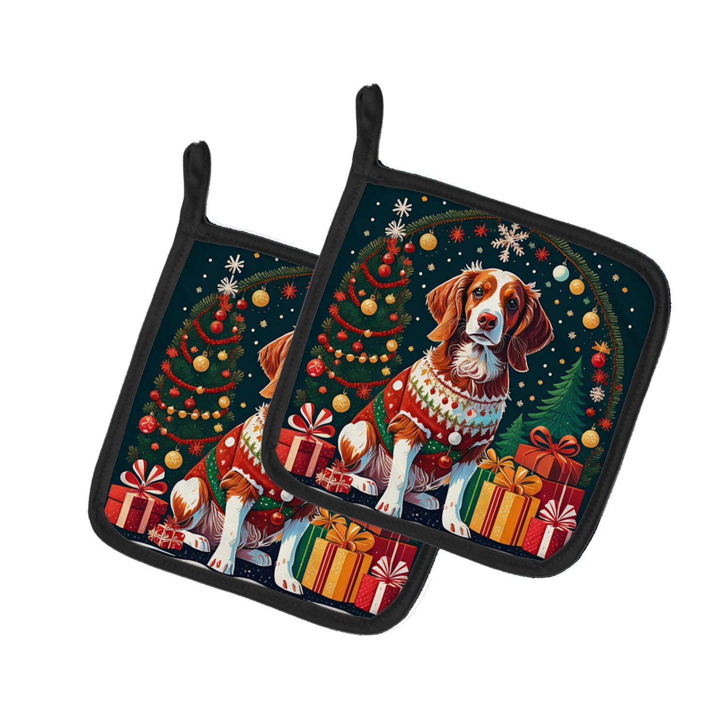 Brittany Spaniel Christmas Pot Holder Set of 2 Heat Resistant Quilted Hot Pads 7.5 x 7.5 Inch, Insulated Kitchen Trivets for Cooking & Baking