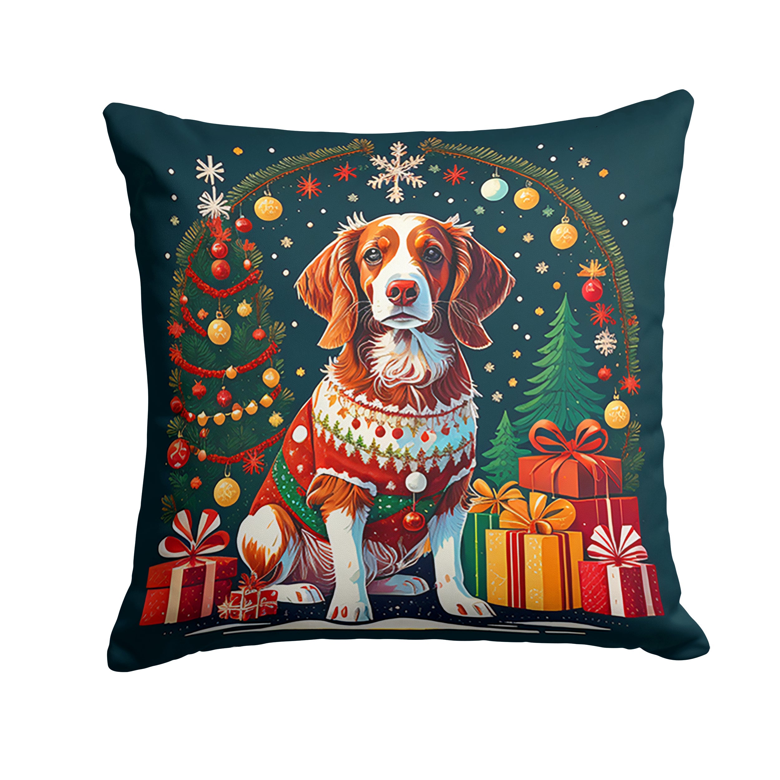 Brittany Spaniel Christmas Decorative Throw Pillow 14x14 Indoor Outdoor Accent Cushion, Fabric Cover with Insert for Sofa, Bed, Porch & Living Room