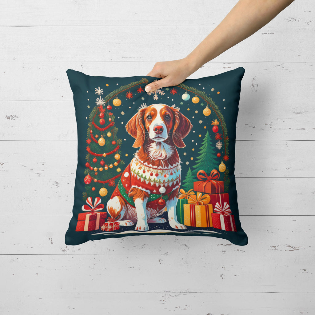 Brittany Spaniel Christmas Decorative Throw Pillow 14x14 Indoor Outdoor Accent Cushion, Fabric Cover with Insert for Sofa, Bed, Porch & Living Room