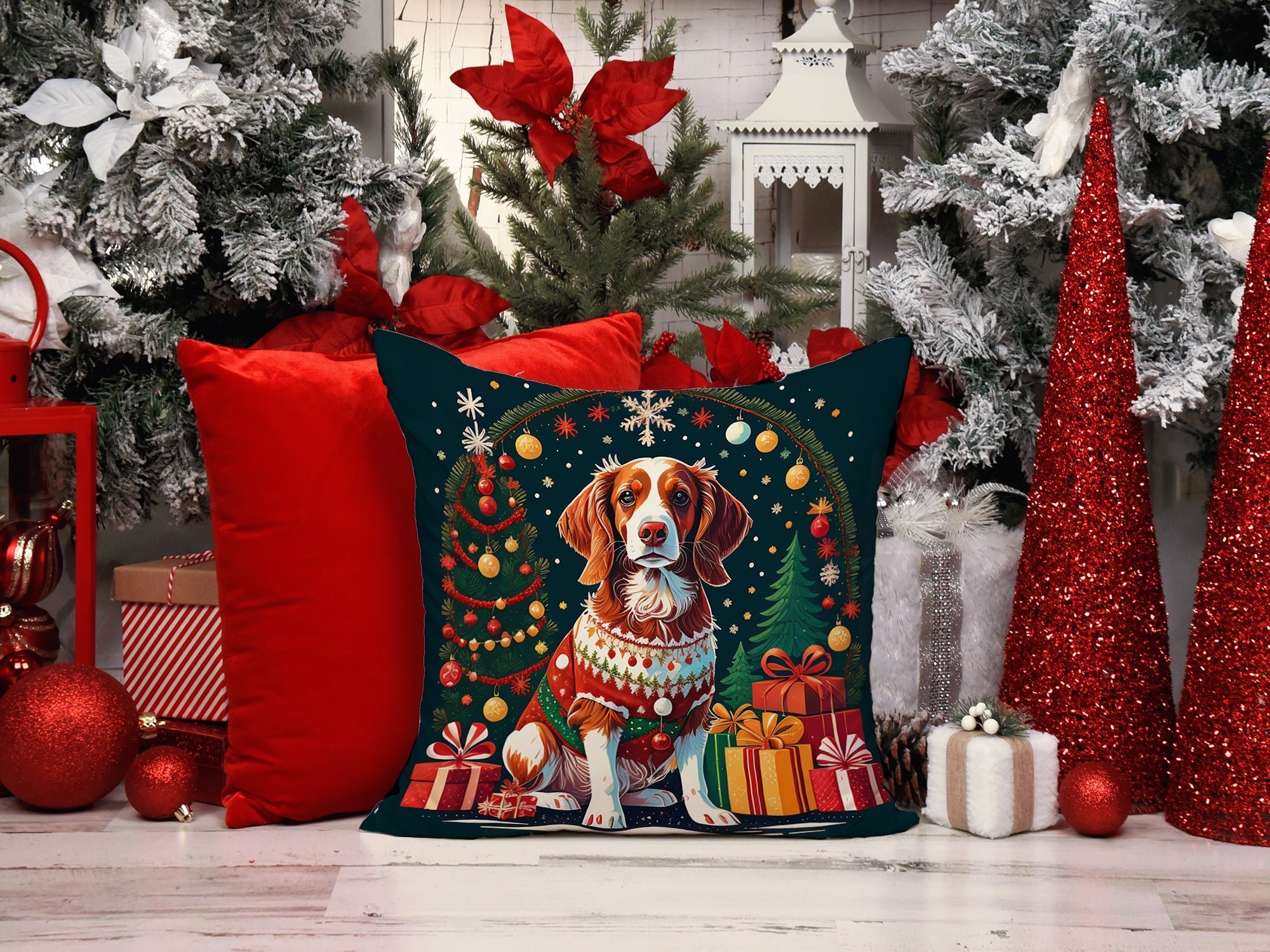 Brittany Spaniel Christmas Decorative Throw Pillow 14x14 Indoor Outdoor Accent Cushion, Fabric Cover with Insert for Sofa, Bed, Porch & Living Room