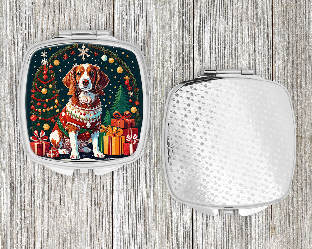 Brittany Spaniel Christmas Compact Mirror Decorative Travel Makeup Mirror for Women Girls Gifts Pocket Makeup Mirror Folding Handheld