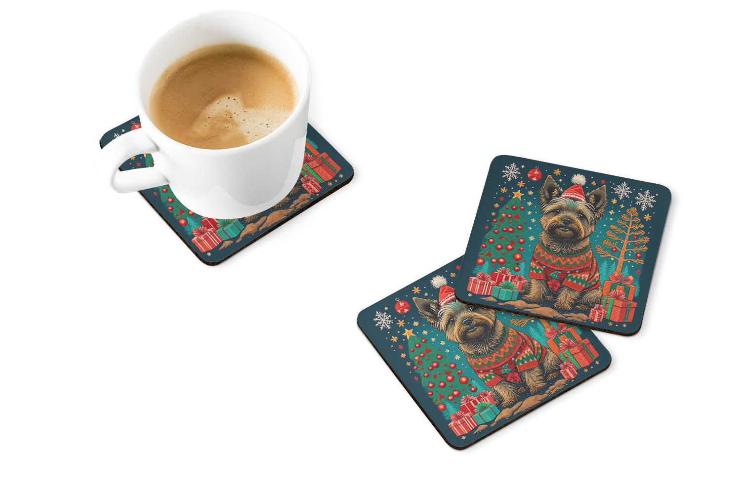 Cairn Terrier Christmas Foam Coasters Set of 4 Cup Coasters for Indoor Outdoor, Tabletop Protection, Anti Slip, Mouse pad Material