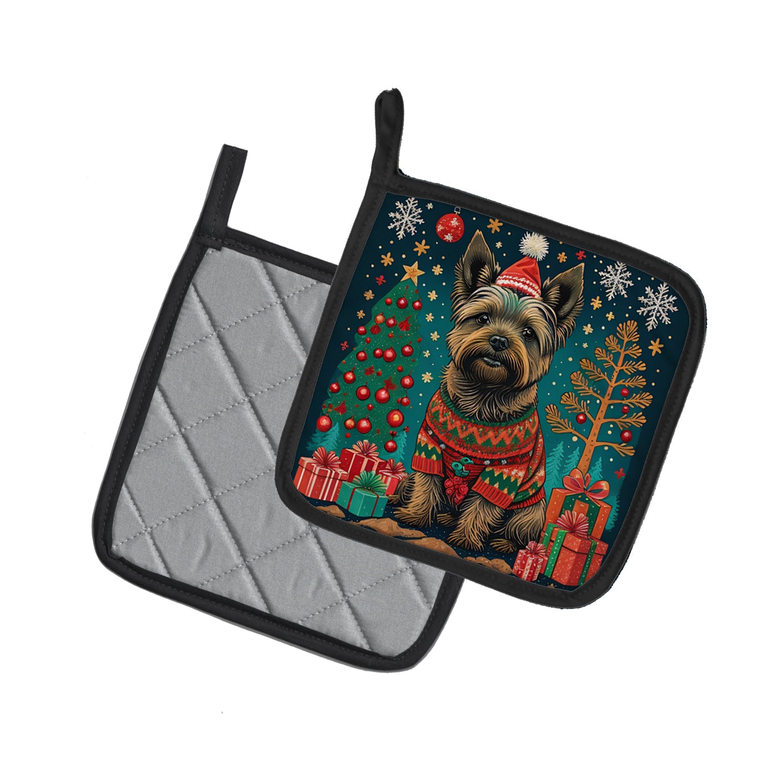 Cairn Terrier Christmas Pot Holder Set of 2 Heat Resistant Quilted Hot Pads 7.5 x 7.5 Inch, Insulated Kitchen Trivets for Cooking & Baking