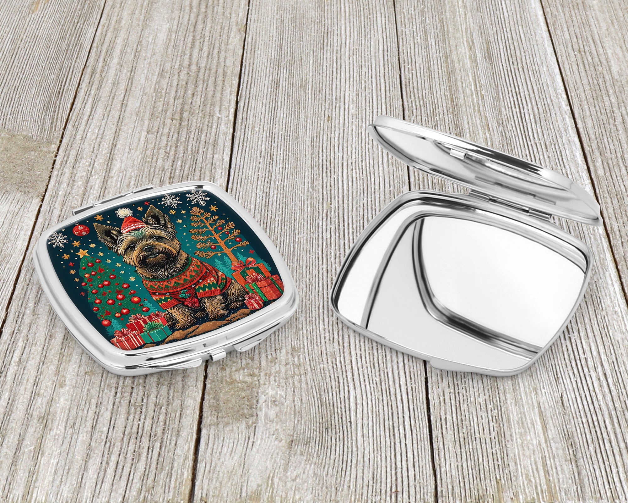 Cairn Terrier Christmas Compact Mirror Decorative Travel Makeup Mirror for Women Girls Gifts Pocket Makeup Mirror Folding Handheld