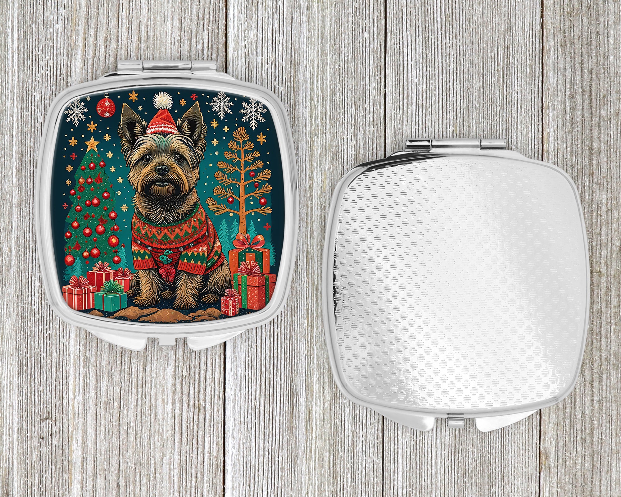 Cairn Terrier Christmas Compact Mirror Decorative Travel Makeup Mirror for Women Girls Gifts Pocket Makeup Mirror Folding Handheld