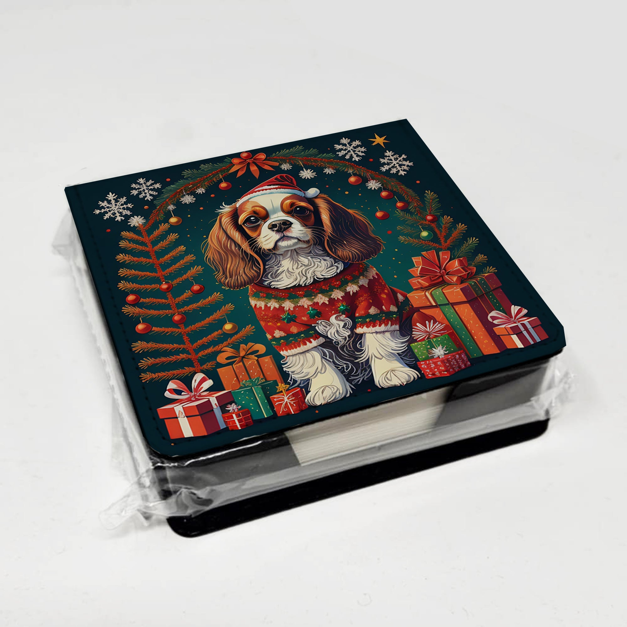 Cavalier King Charles Spaniel Christmas PU Leather Note Paper Holder with Artist-Designed Cover, Desk Accessory, Office Gift