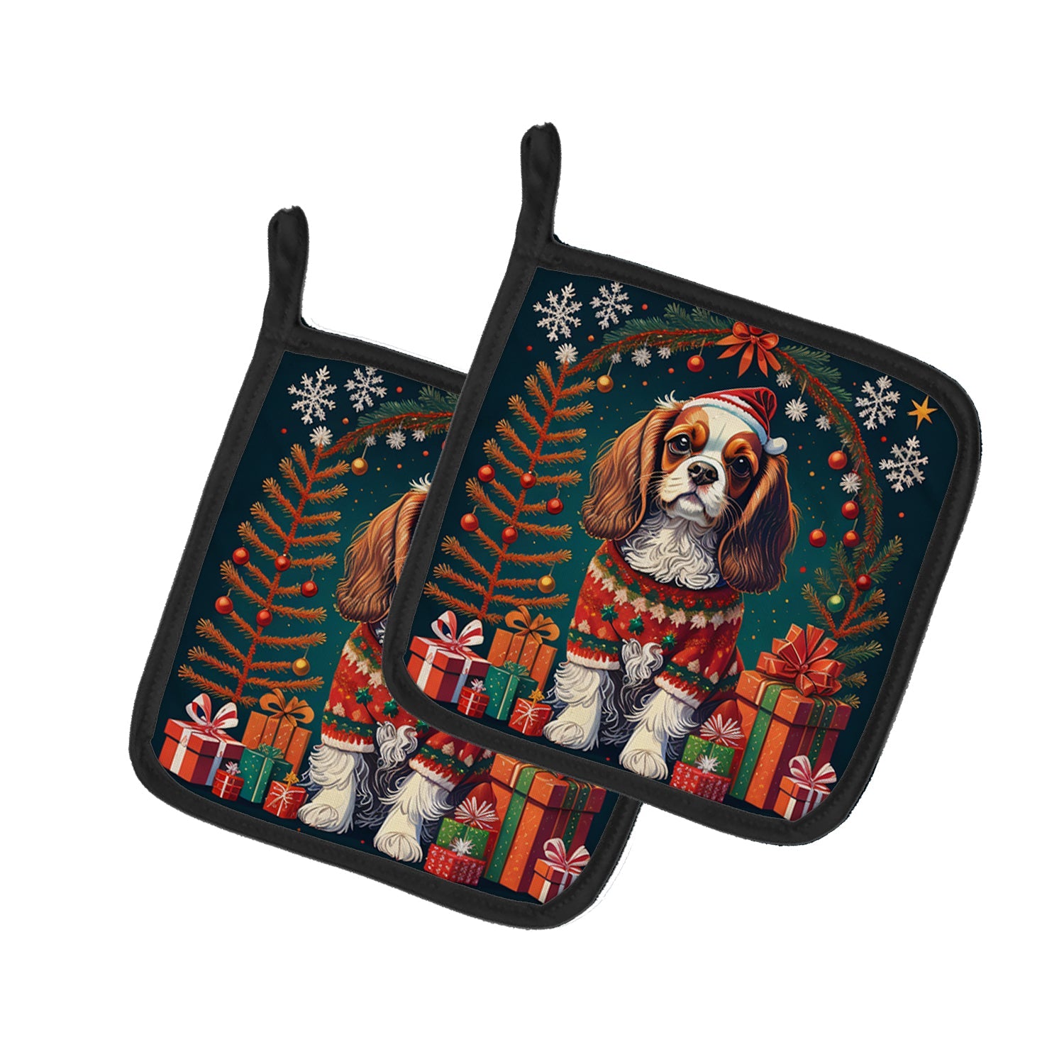 Cavalier King Charles Spaniel Christmas Pot Holder Set of 2 Heat Resistant Quilted Hot Pads 7.5 x 7.5 Inch, Insulated Kitchen Trivets for Cooking & Baking