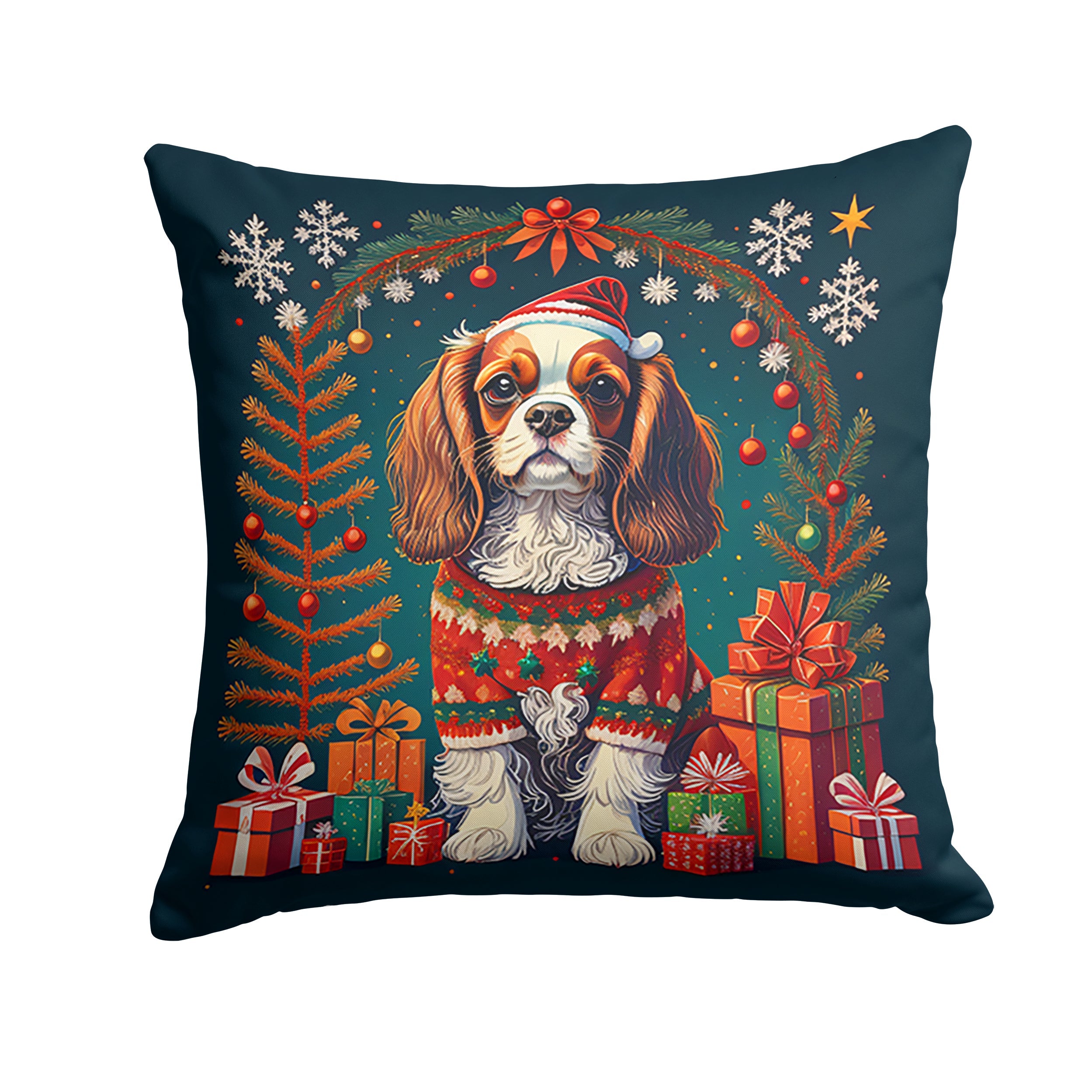 Cavalier King Charles Spaniel Christmas Decorative Throw Pillow 14x14 Indoor Outdoor Accent Cushion, Fabric Cover with Insert for Sofa, Bed, Porch & Living Room