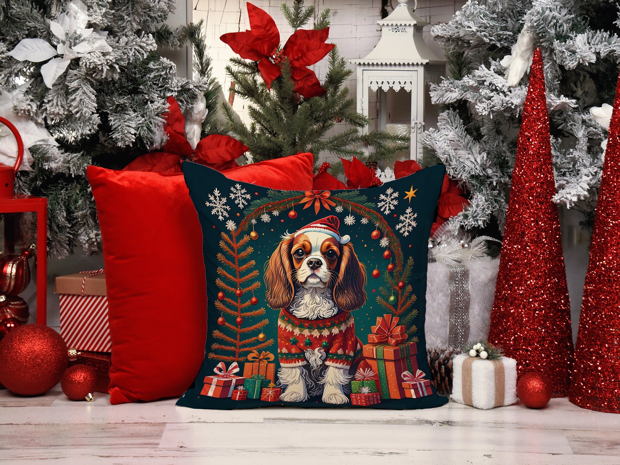 Cavalier King Charles Spaniel Christmas Decorative Throw Pillow 18x18 Indoor Outdoor Accent Cushion, Fabric Cover with Insert for Sofa, Bed, Porch & Living Room