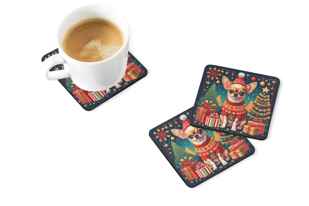 Chihuahua Christmas Foam Coasters Set of 4 Cup Coasters for Indoor Outdoor, Tabletop Protection, Anti Slip, Mouse pad Material