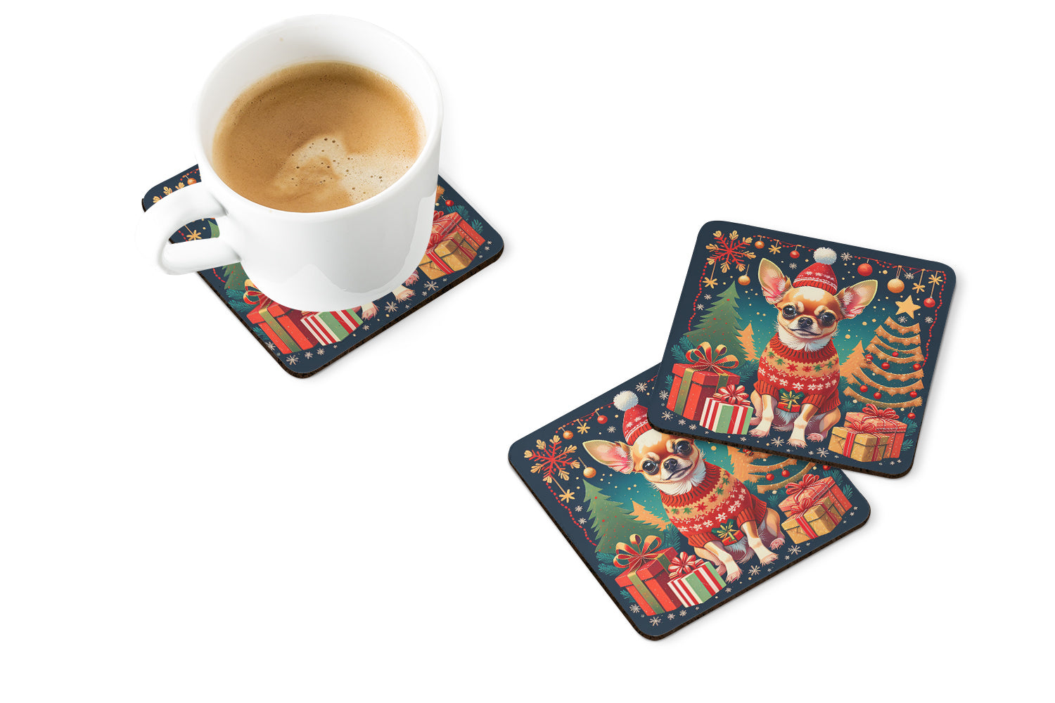 Chihuahua Christmas Foam Coasters Set of 4 Cup Coasters for Indoor Outdoor, Tabletop Protection, Anti Slip, Mouse pad Material