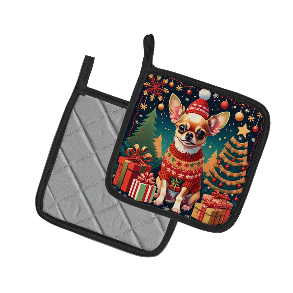 Chihuahua Christmas Pot Holder Set of 2 Heat Resistant Quilted Hot Pads 7.5 x 7.5 Inch, Insulated Kitchen Trivets for Cooking & Baking