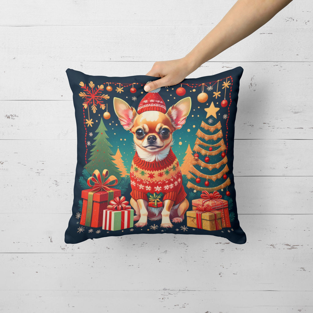 Chihuahua Christmas Decorative Throw Pillow 14x14 Indoor Outdoor Accent Cushion, Fabric Cover with Insert for Sofa, Bed, Porch & Living Room
