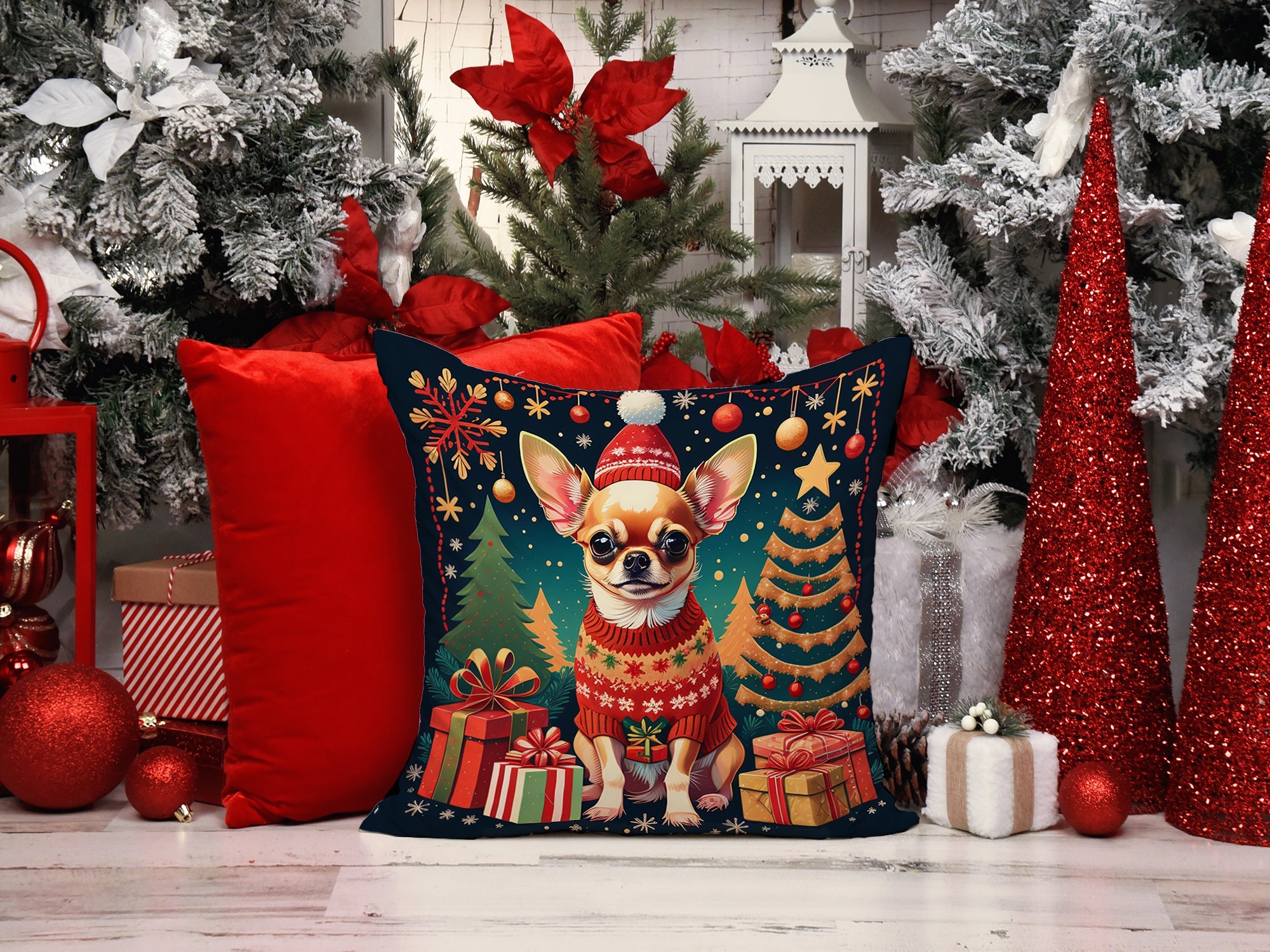 Chihuahua Christmas Decorative Throw Pillow 14x14 Indoor Outdoor Accent Cushion, Fabric Cover with Insert for Sofa, Bed, Porch & Living Room