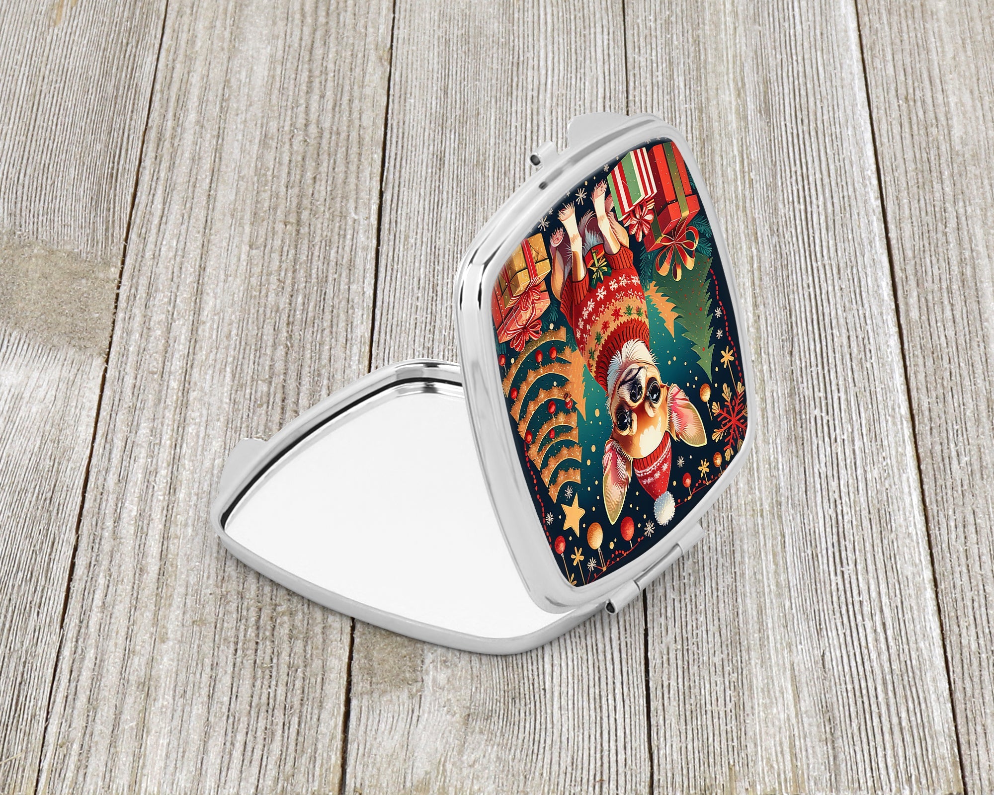 Chihuahua Christmas Compact Mirror Decorative Travel Makeup Mirror for Women Girls Gifts Pocket Makeup Mirror Folding Handheld