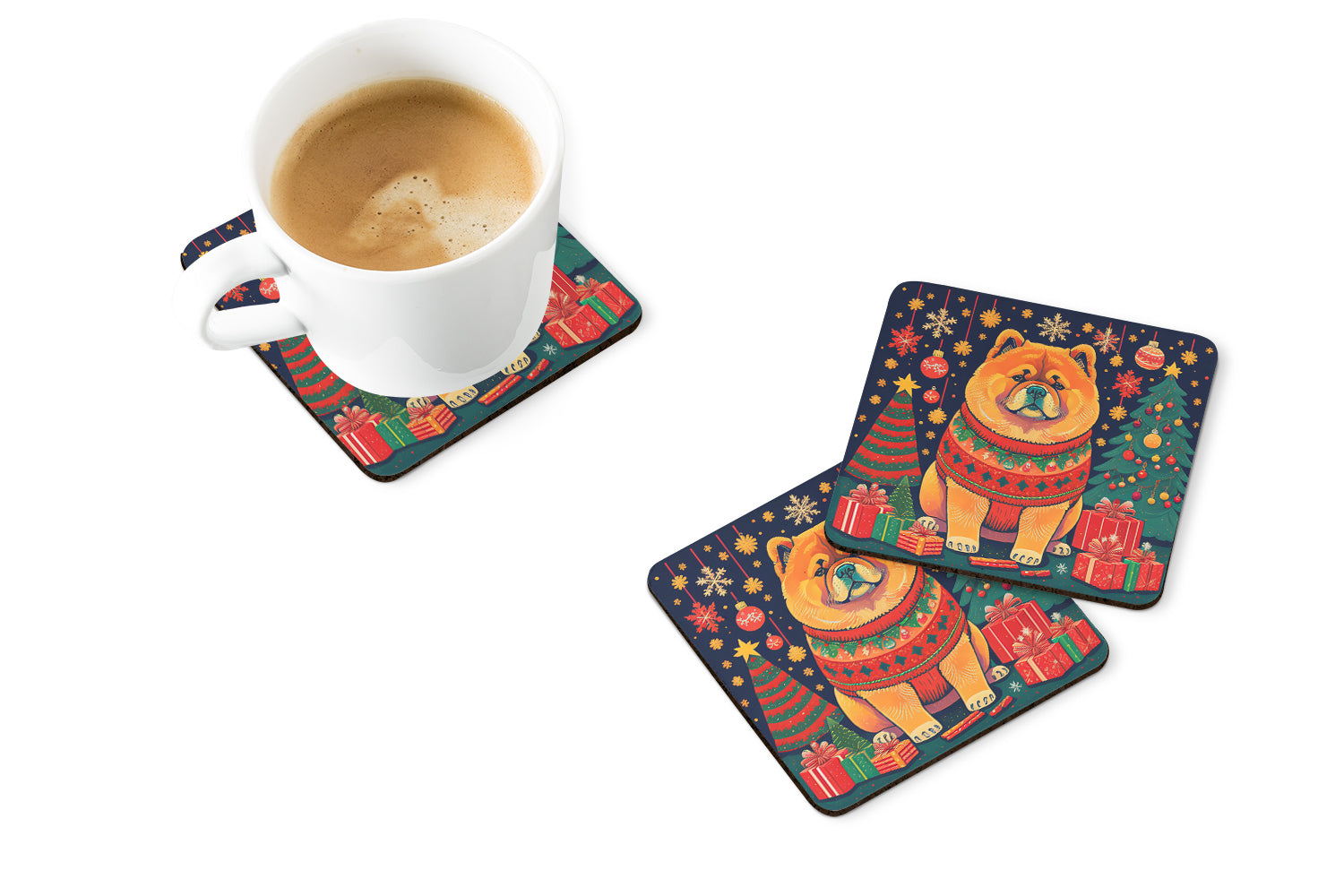 Chow Chow Christmas Foam Coasters Set of 4 Cup Coasters for Indoor Outdoor, Tabletop Protection, Anti Slip, Mouse pad Material