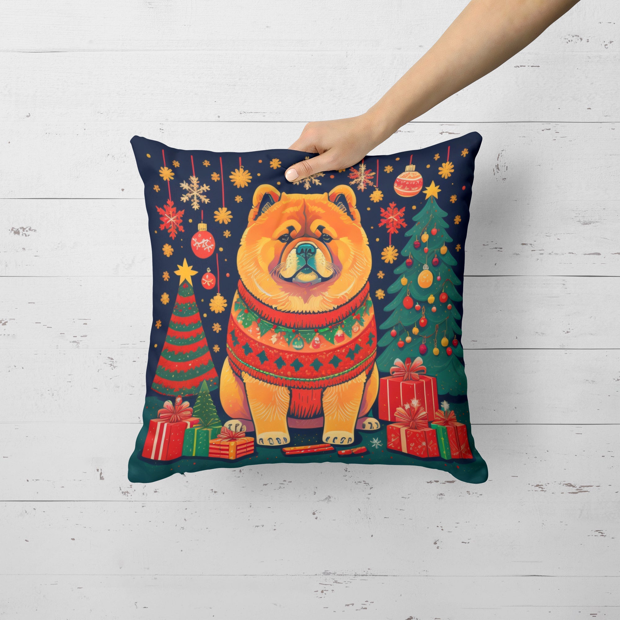 Chow Chow Christmas Decorative Throw Pillow 14x14 Indoor Outdoor Accent Cushion, Fabric Cover with Insert for Sofa, Bed, Porch & Living Room