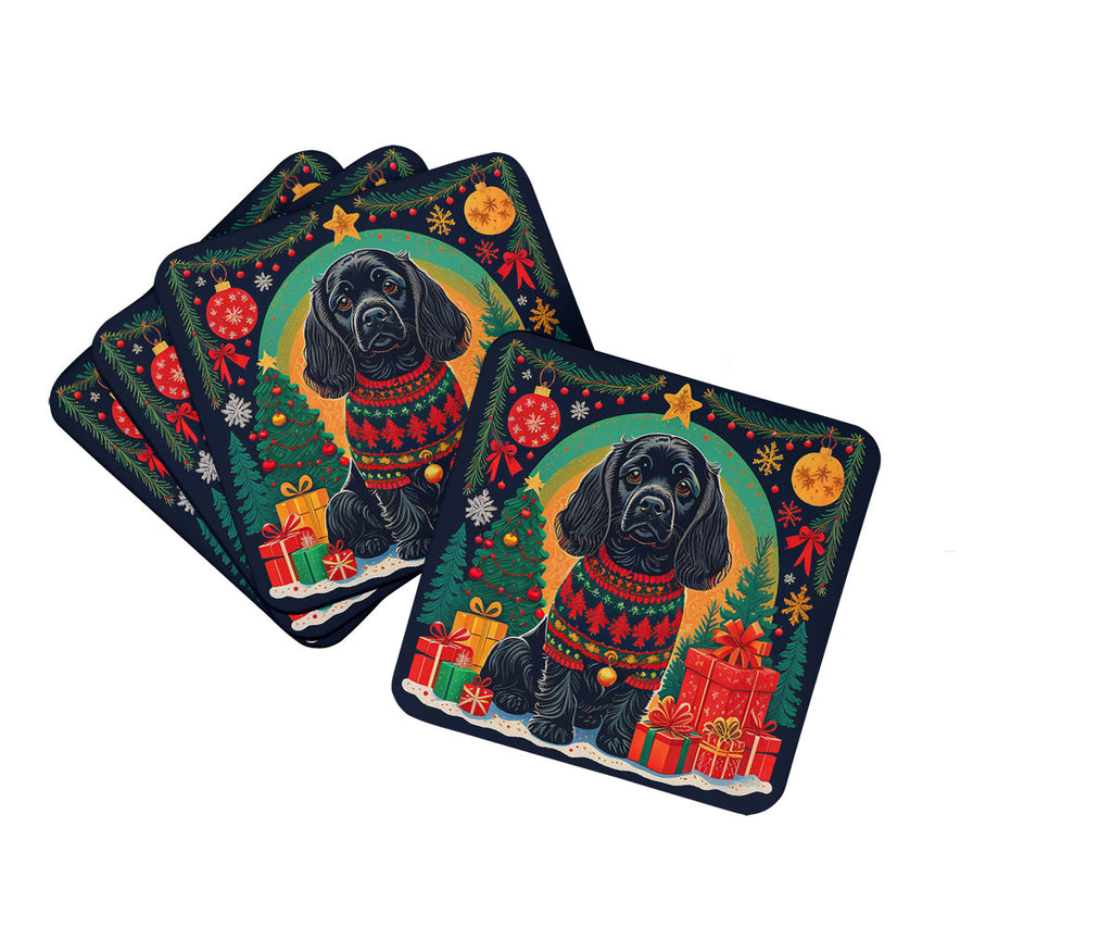 Black Cocker Spaniel Christmas Foam Coasters Set of 4 Cup Coasters for Indoor Outdoor, Tabletop Protection, Anti Slip, Mouse pad Material