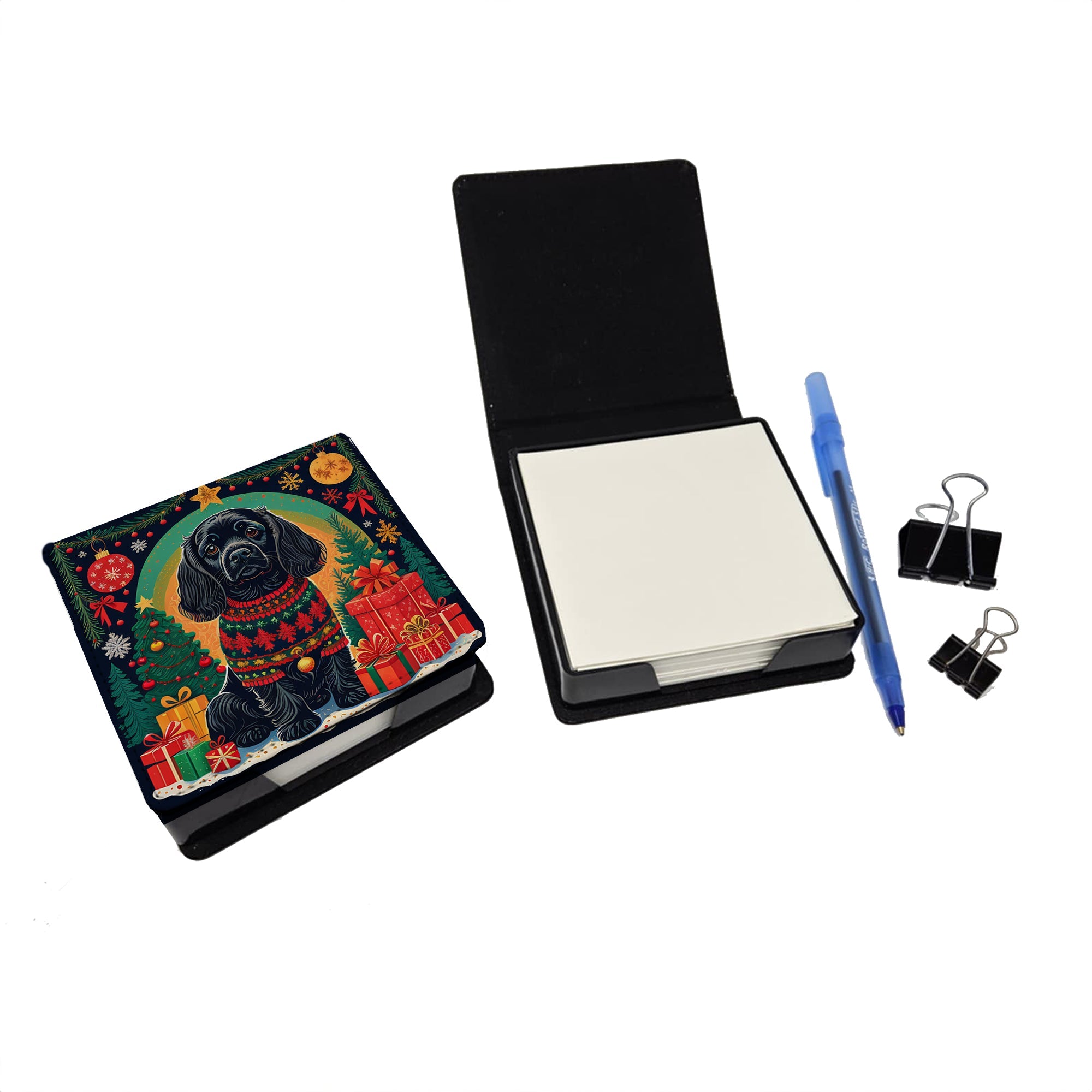 Black Cocker Spaniel Christmas PU Leather Note Paper Holder with Artist-Designed Cover, Desk Accessory, Office Gift