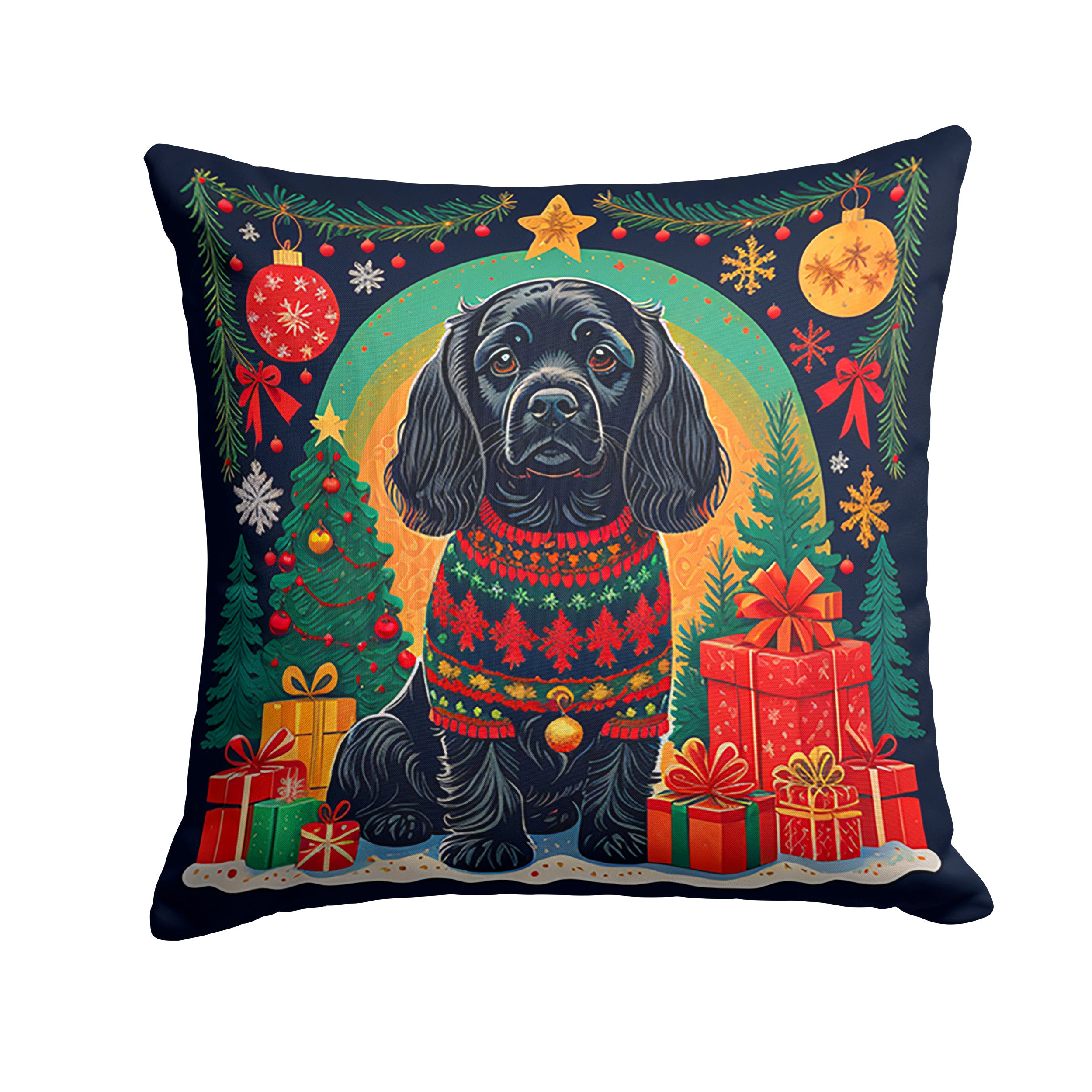 Black Cocker Spaniel Christmas Decorative Throw Pillow 14x14 Indoor Outdoor Accent Cushion, Fabric Cover with Insert for Sofa, Bed, Porch & Living Room