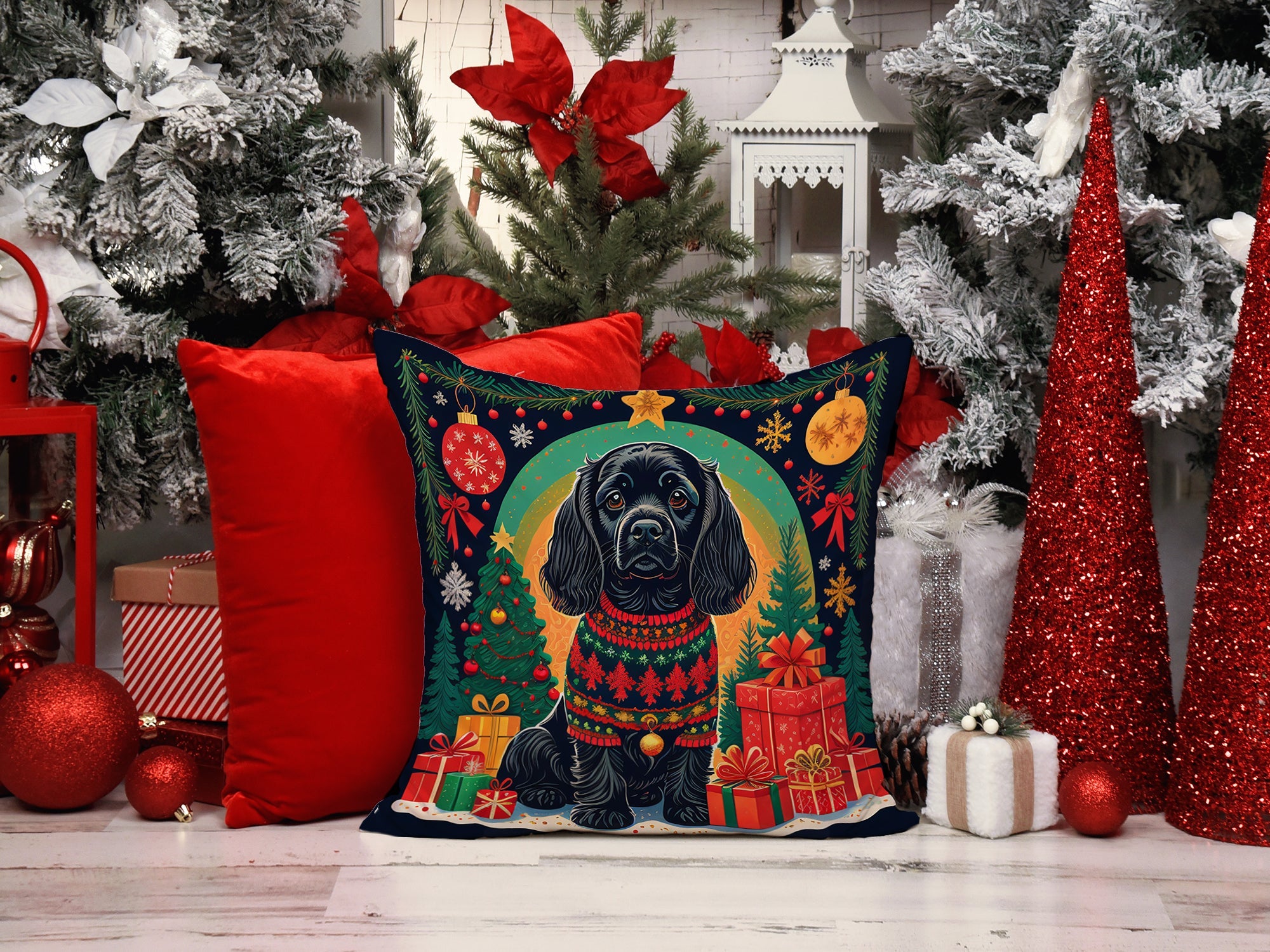 Black Cocker Spaniel Christmas Decorative Throw Pillow 14x14 Indoor Outdoor Accent Cushion, Fabric Cover with Insert for Sofa, Bed, Porch & Living Room