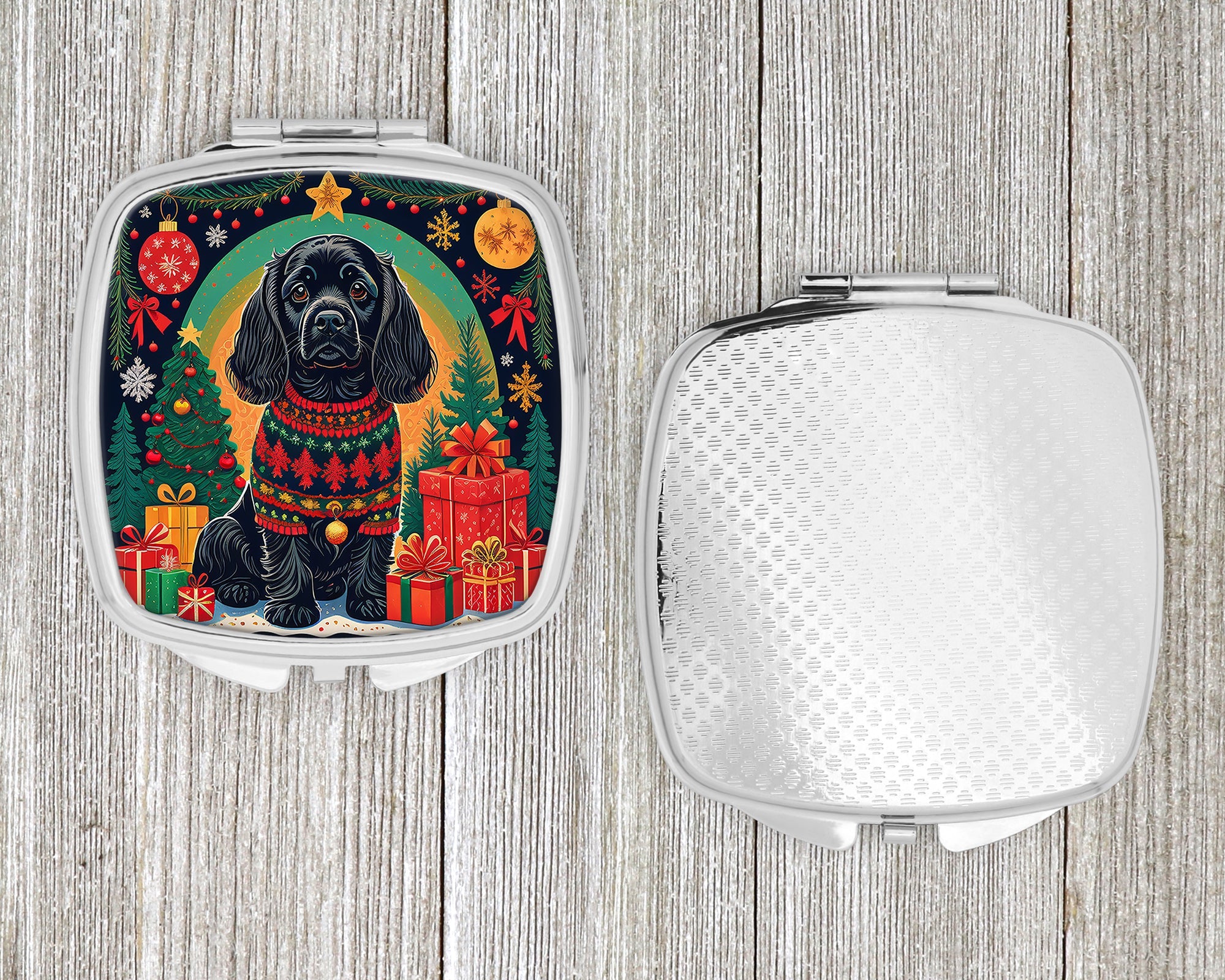 Black Cocker Spaniel Christmas Compact Mirror Decorative Travel Makeup Mirror for Women Girls Gifts Pocket Makeup Mirror Folding Handheld