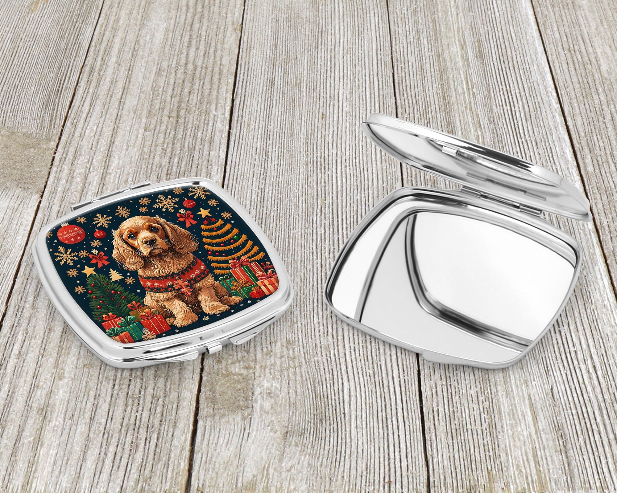 Cocker Spaniel Christmas Compact Mirror Decorative Travel Makeup Mirror for Women Girls Gifts Pocket Makeup Mirror Folding Handheld