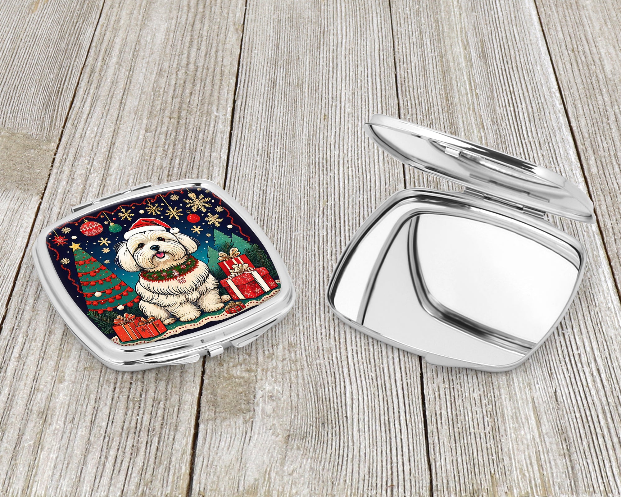 Coton De Tulear Christmas Compact Mirror Decorative Travel Makeup Mirror for Women Girls Gifts Pocket Makeup Mirror Folding Handheld