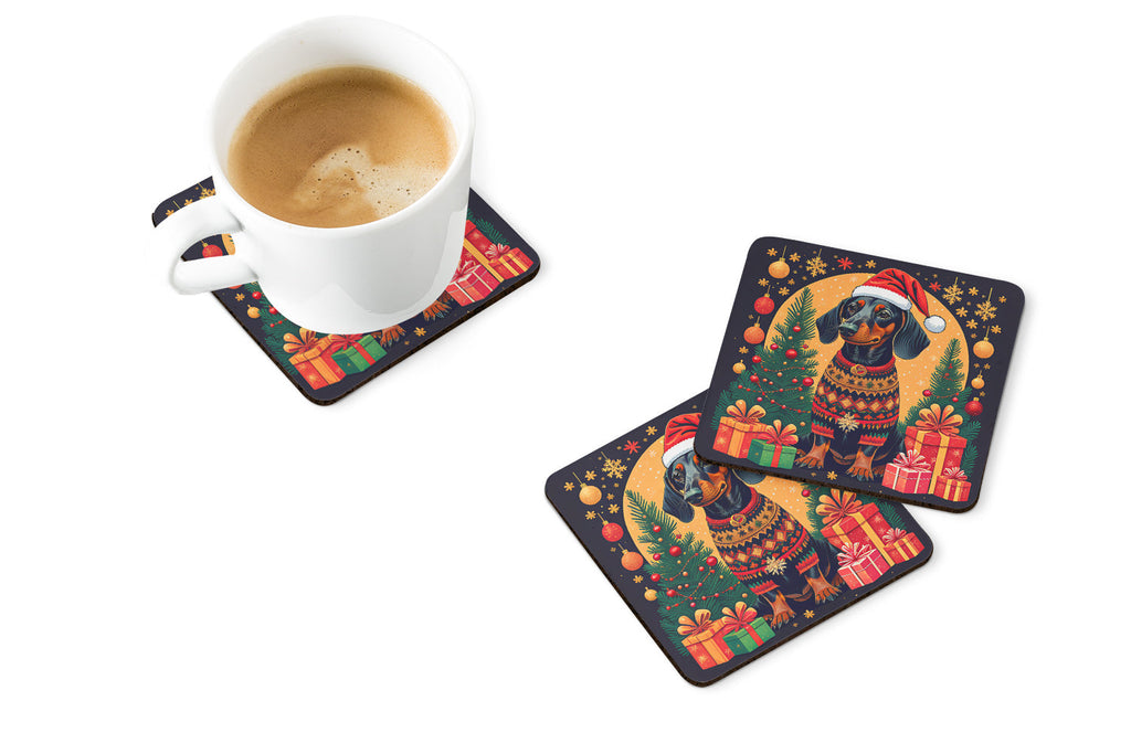 Black and Tan Dachshund Christmas Foam Coasters Set of 4 Cup Coasters for Indoor Outdoor, Tabletop Protection, Anti Slip, Mouse pad Material