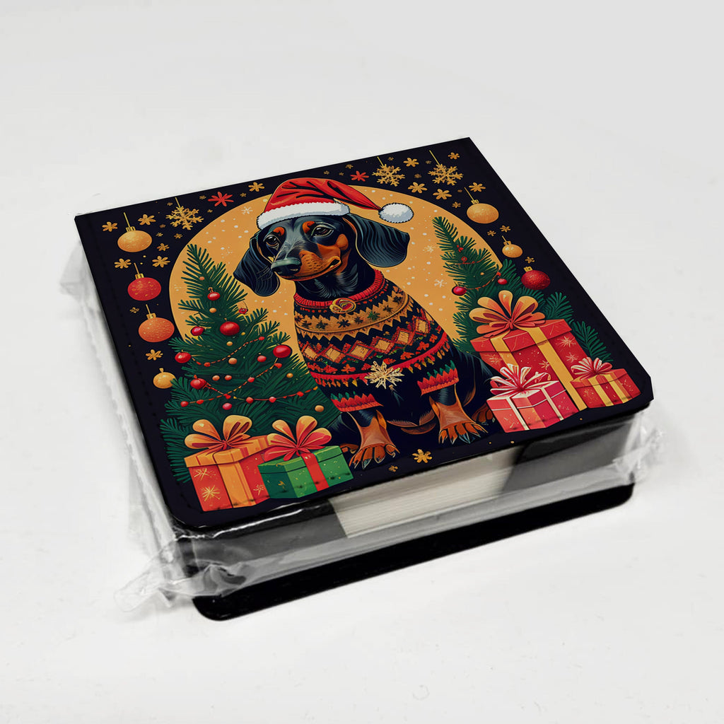 Black and Tan Dachshund Christmas PU Leather Note Paper Holder with Artist-Designed Cover, Desk Accessory, Office Gift