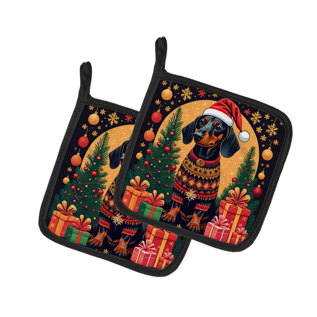 Black and Tan Dachshund Christmas Pot Holder Set of 2 Heat Resistant Quilted Hot Pads 7.5 x 7.5 Inch, Insulated Kitchen Trivets for Cooking & Baking