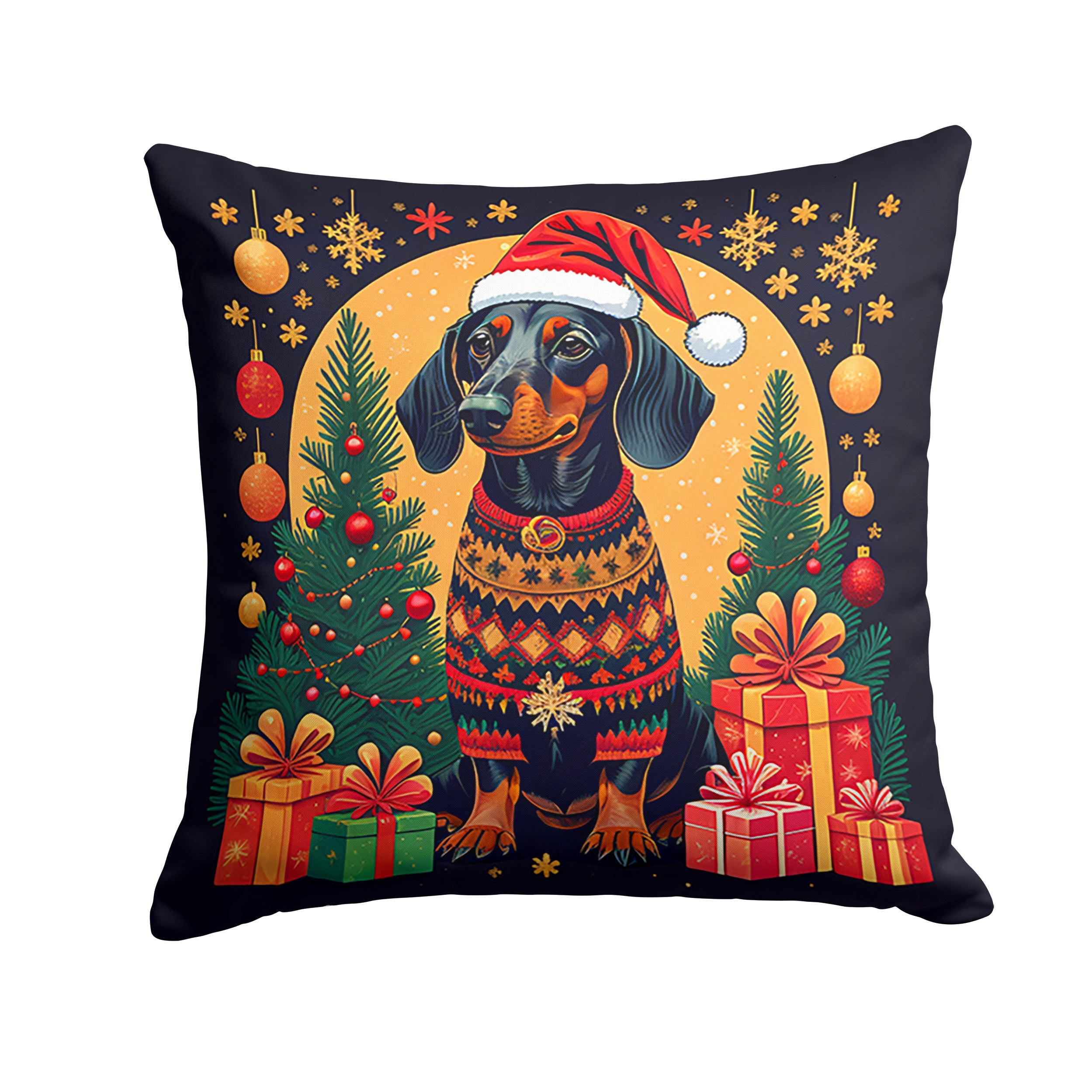 Black and Tan Dachshund Christmas Decorative Throw Pillow 14x14 Indoor Outdoor Accent Cushion, Fabric Cover with Insert for Sofa, Bed, Porch & Living Room
