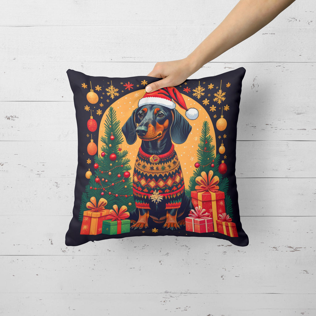 Black and Tan Dachshund Christmas Decorative Throw Pillow 14x14 Indoor Outdoor Accent Cushion, Fabric Cover with Insert for Sofa, Bed, Porch & Living Room
