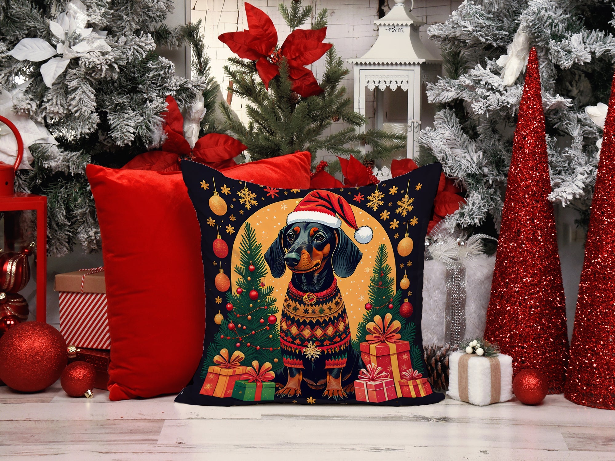 Black and Tan Dachshund Christmas Decorative Throw Pillow 18x18 Indoor Outdoor Accent Cushion, Fabric Cover with Insert for Sofa, Bed, Porch & Living Room