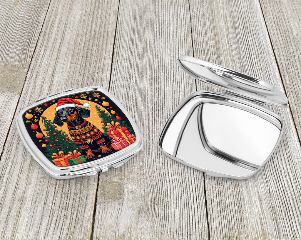Black and Tan Dachshund Christmas Compact Mirror Decorative Travel Makeup Mirror for Women Girls Gifts Pocket Makeup Mirror Folding Handheld