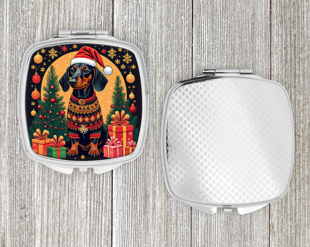 Black and Tan Dachshund Christmas Compact Mirror Decorative Travel Makeup Mirror for Women Girls Gifts Pocket Makeup Mirror Folding Handheld
